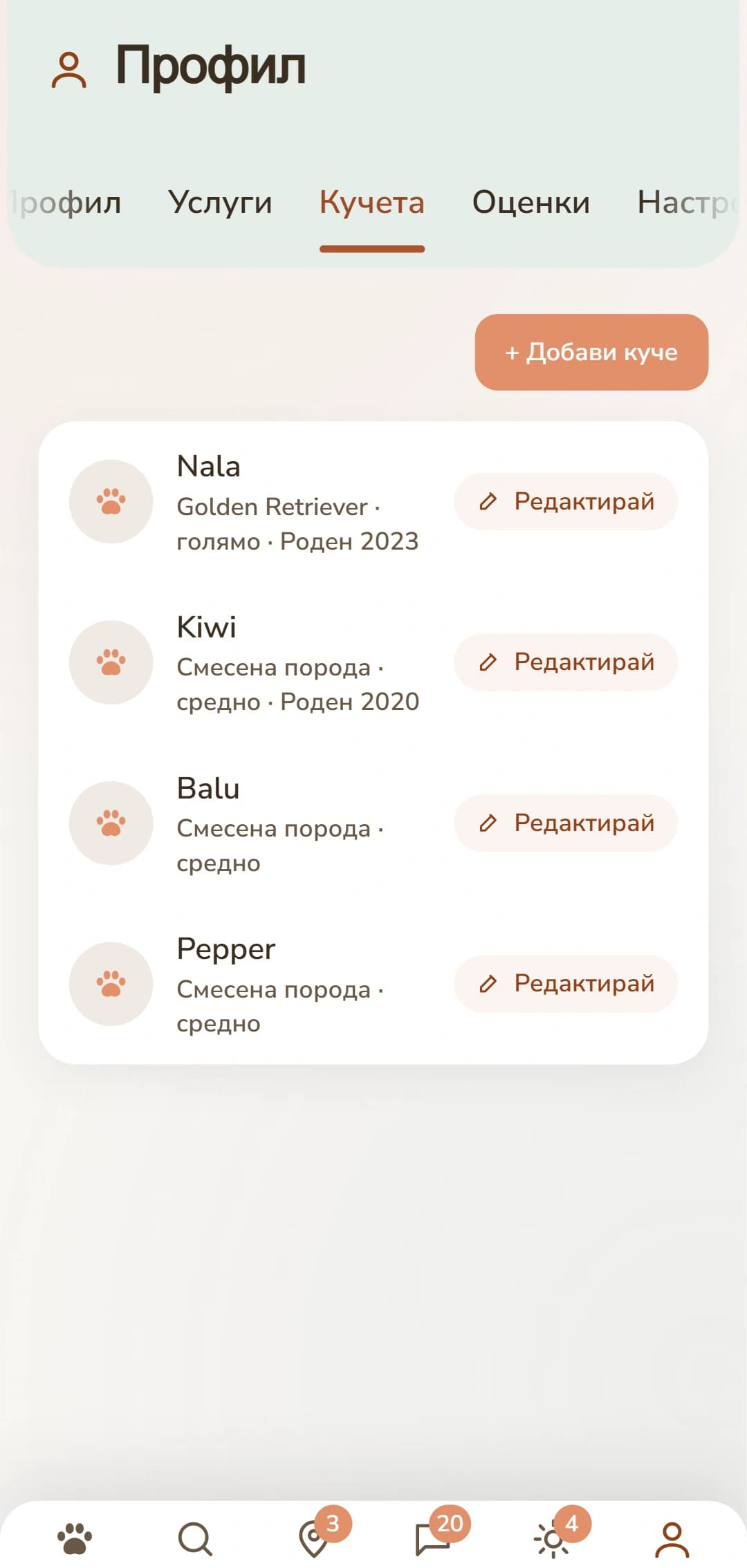 Разделът за кучета със собствен профил за всяко куче