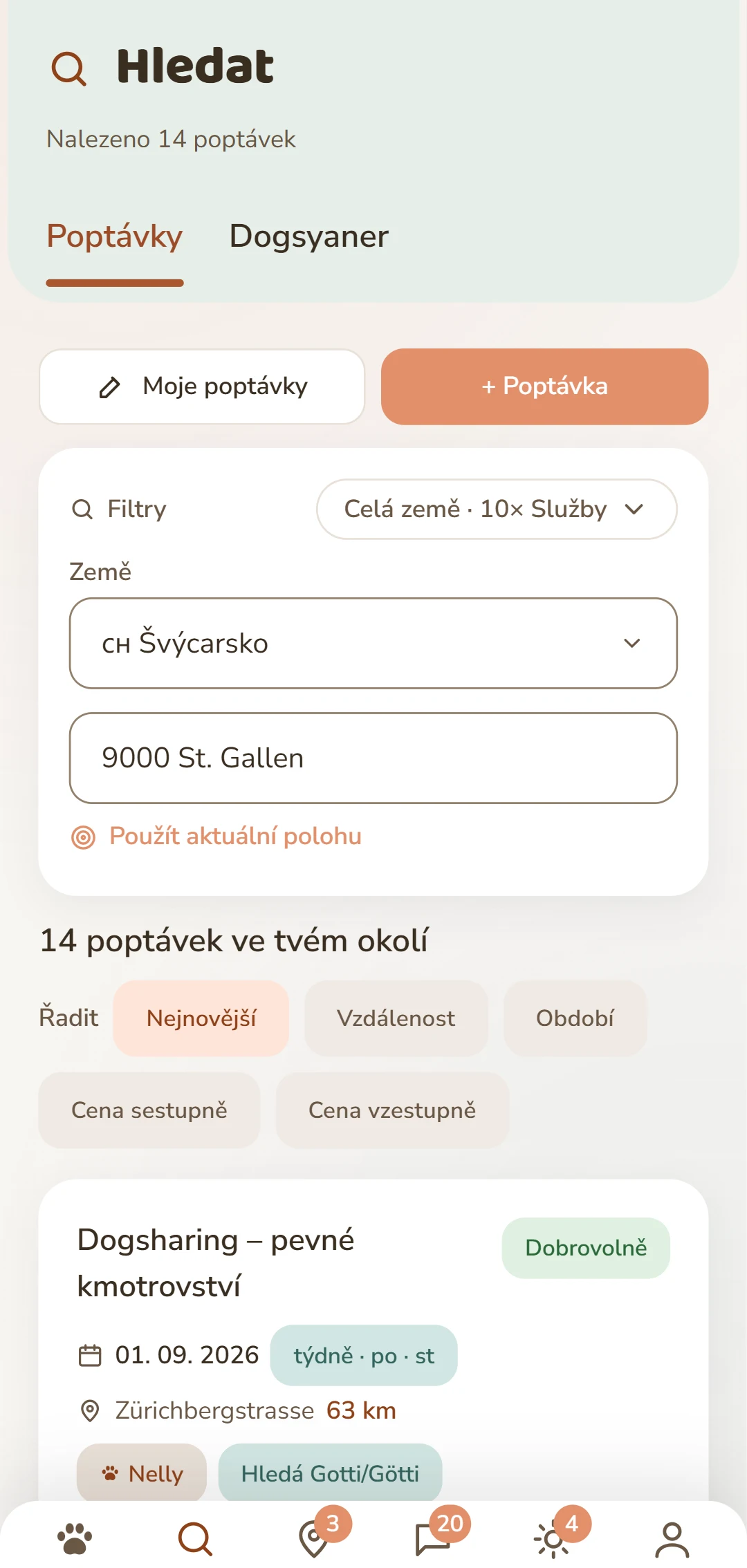 Poptávky Dogsharing se směrem, rytmem a dny v týdnu