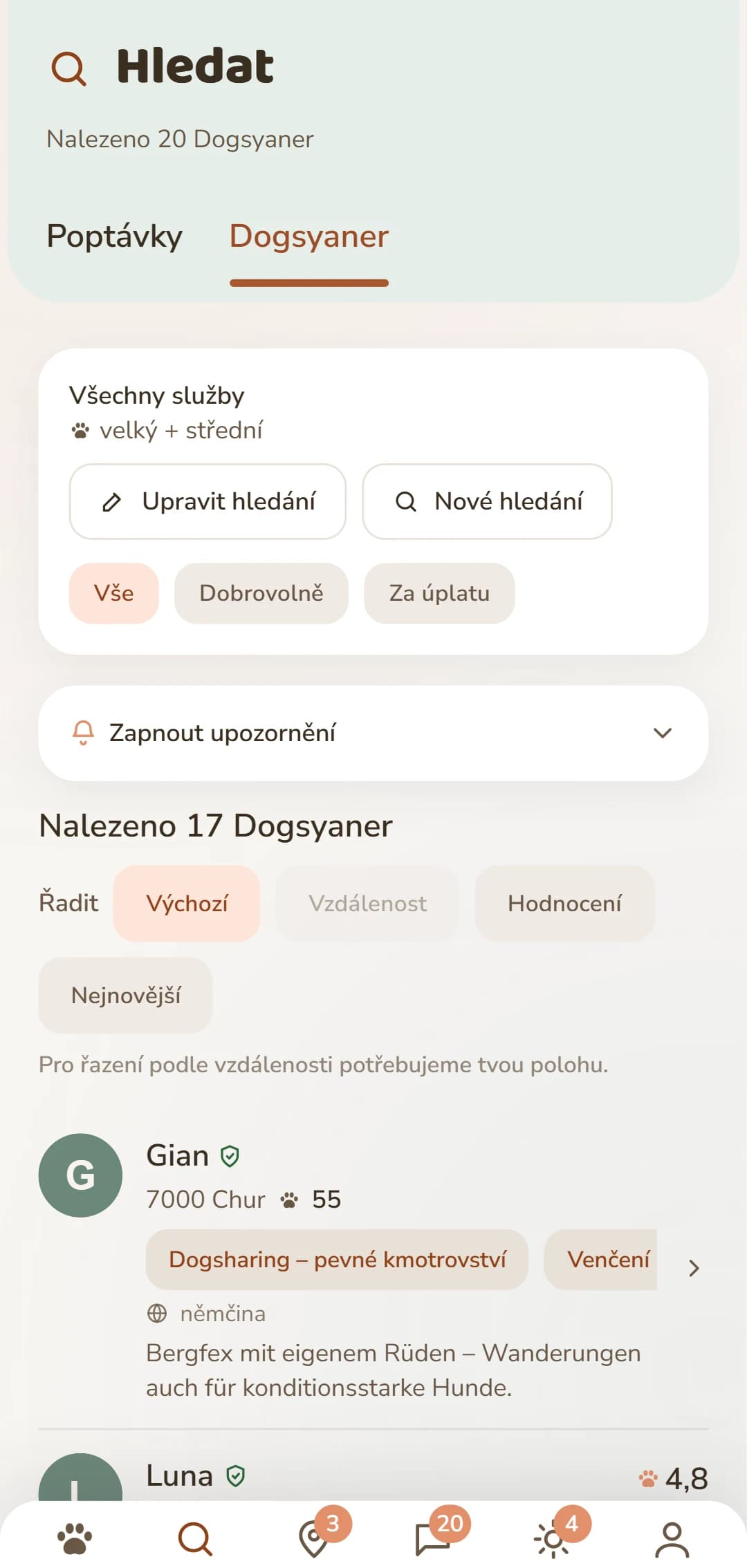 Seznam výsledků v aplikaci: Dogsyaneři poblíž s fotkou, vzdáleností a hodnocením
