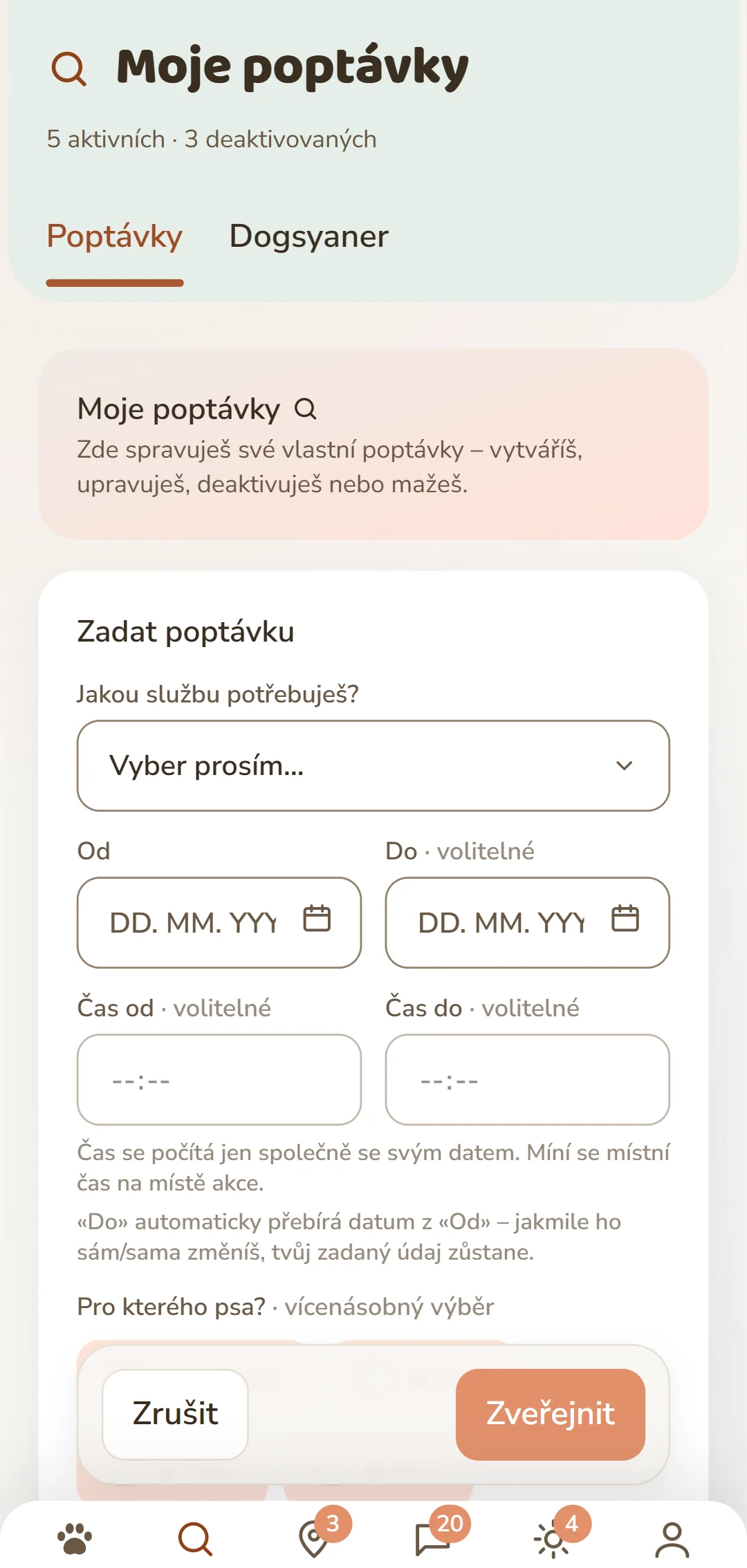 Formulář «Podat žádost»: služba, období, pes a odměna