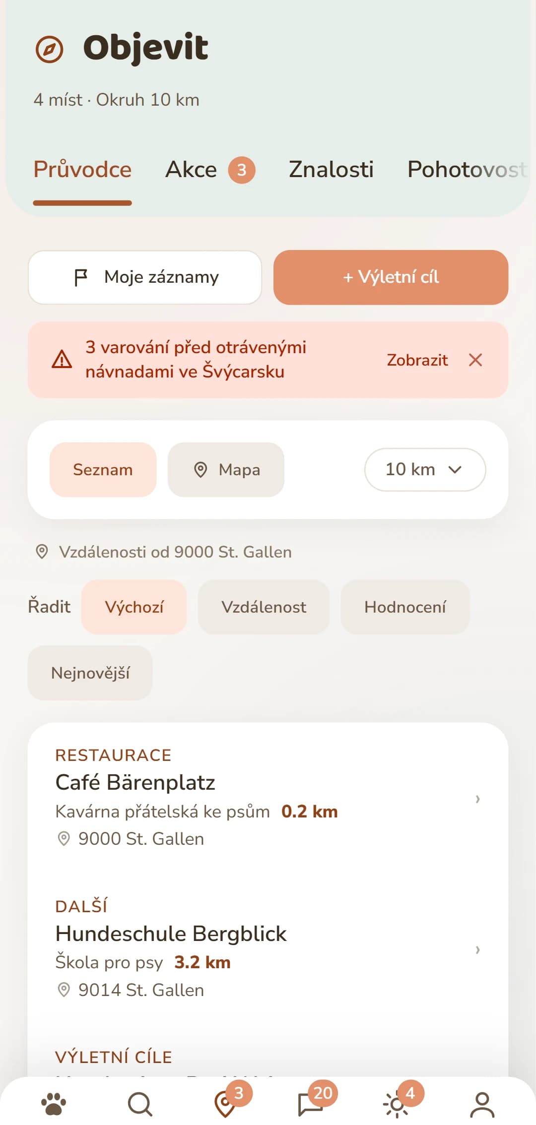 Seznam výsledků v záložce Objevuj, s kategorií a vzdáleností