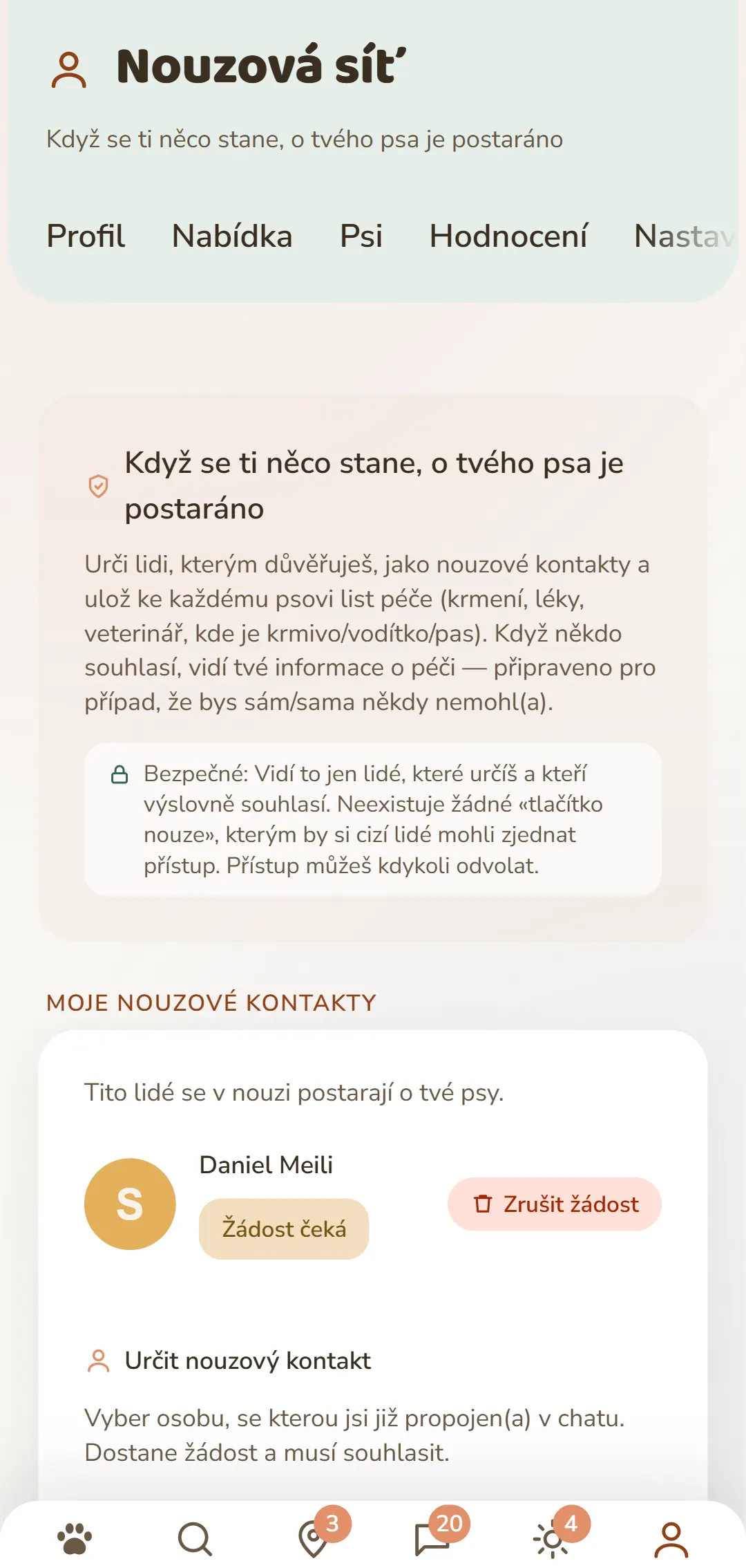 Přehled tvých nouzových kontaktů a otevřených žádostí
