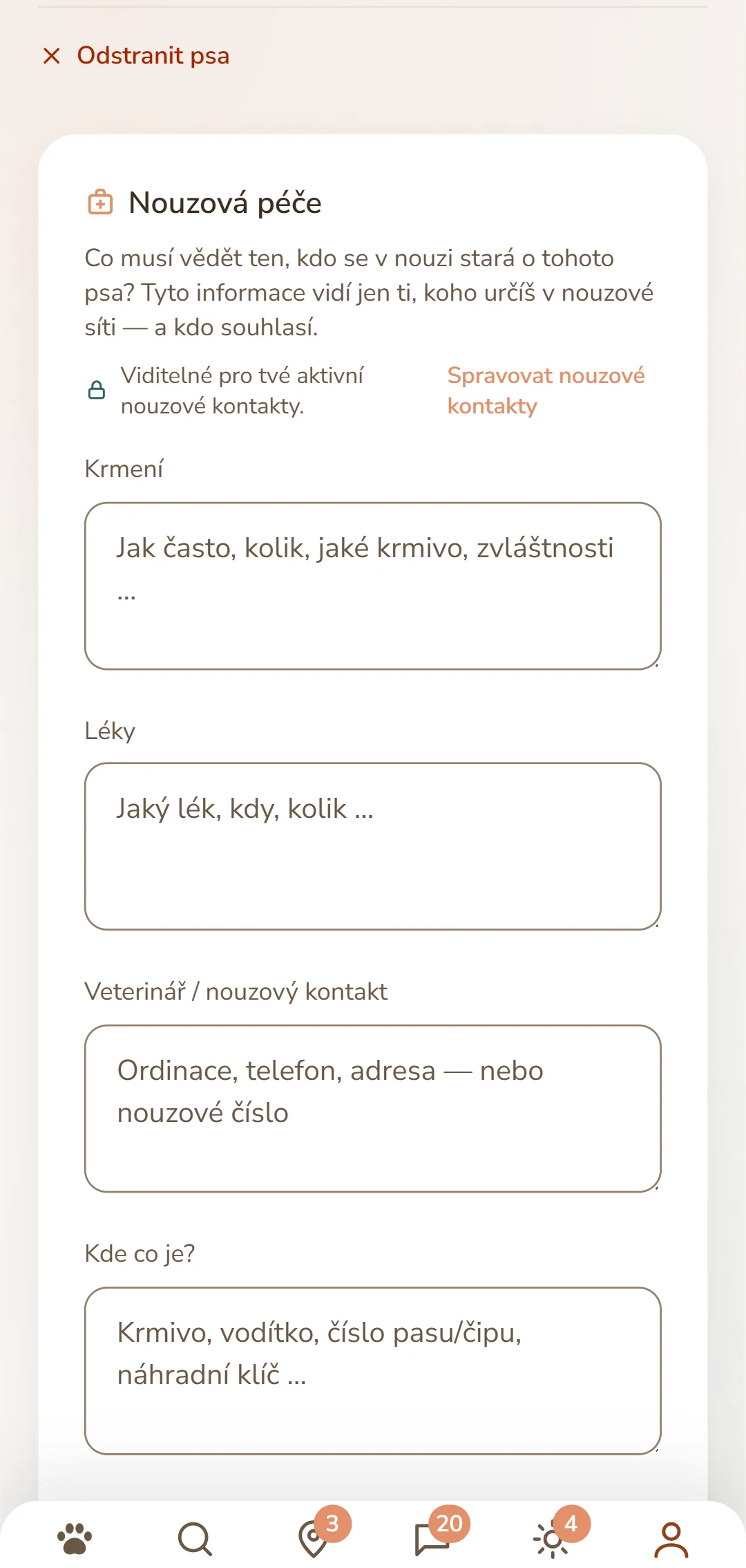 Informační list psa: krmení, léky, veterinář