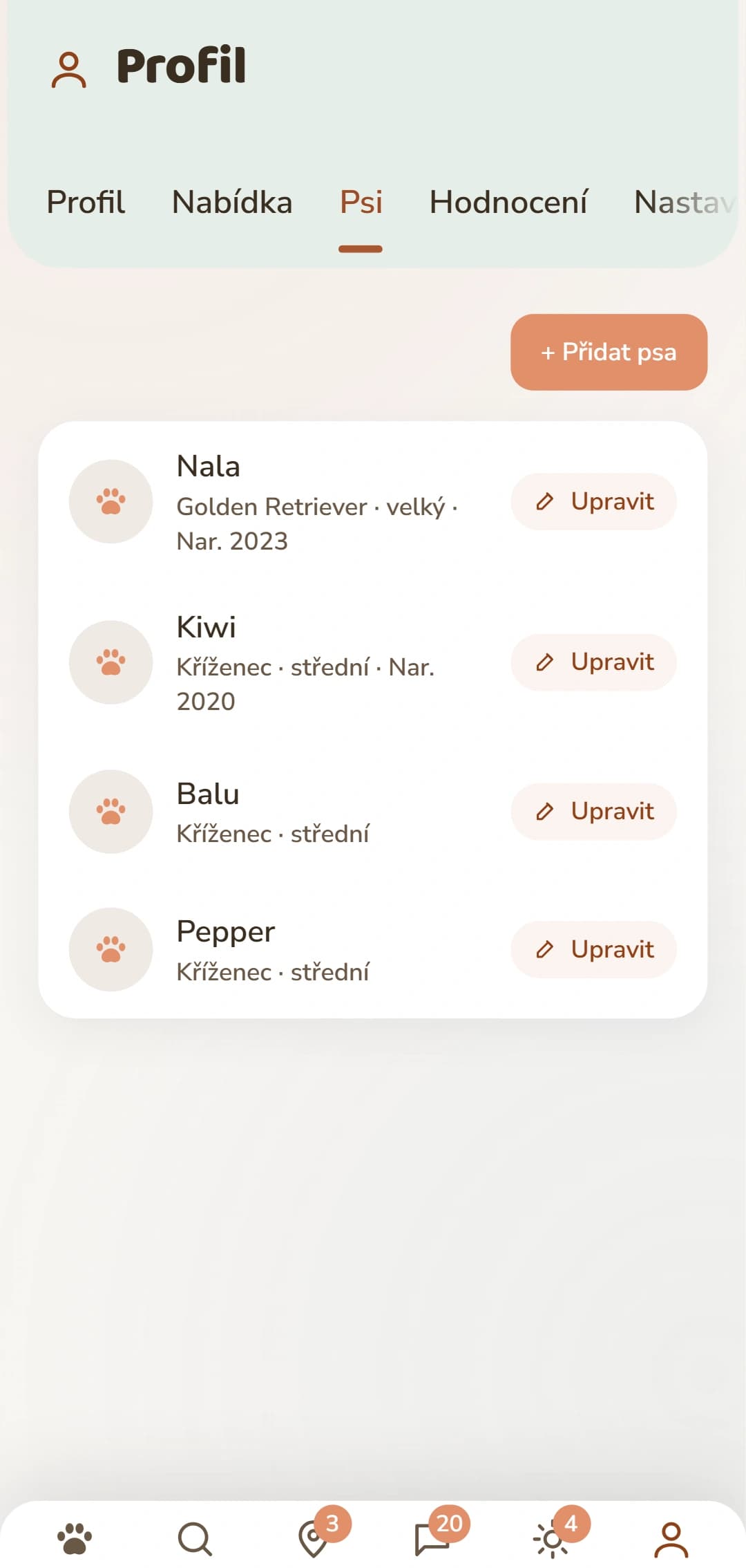 Sekce psů s vlastním profilem pro každého psa