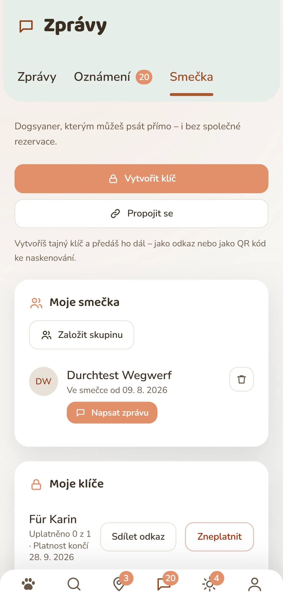 Záložka Rudel: vytvoř klíč a spravuj svá spojení.