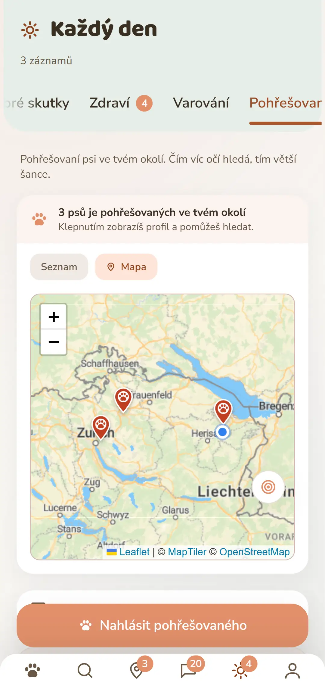 Otevřené případy v okolí – jako mapa v aplikaci