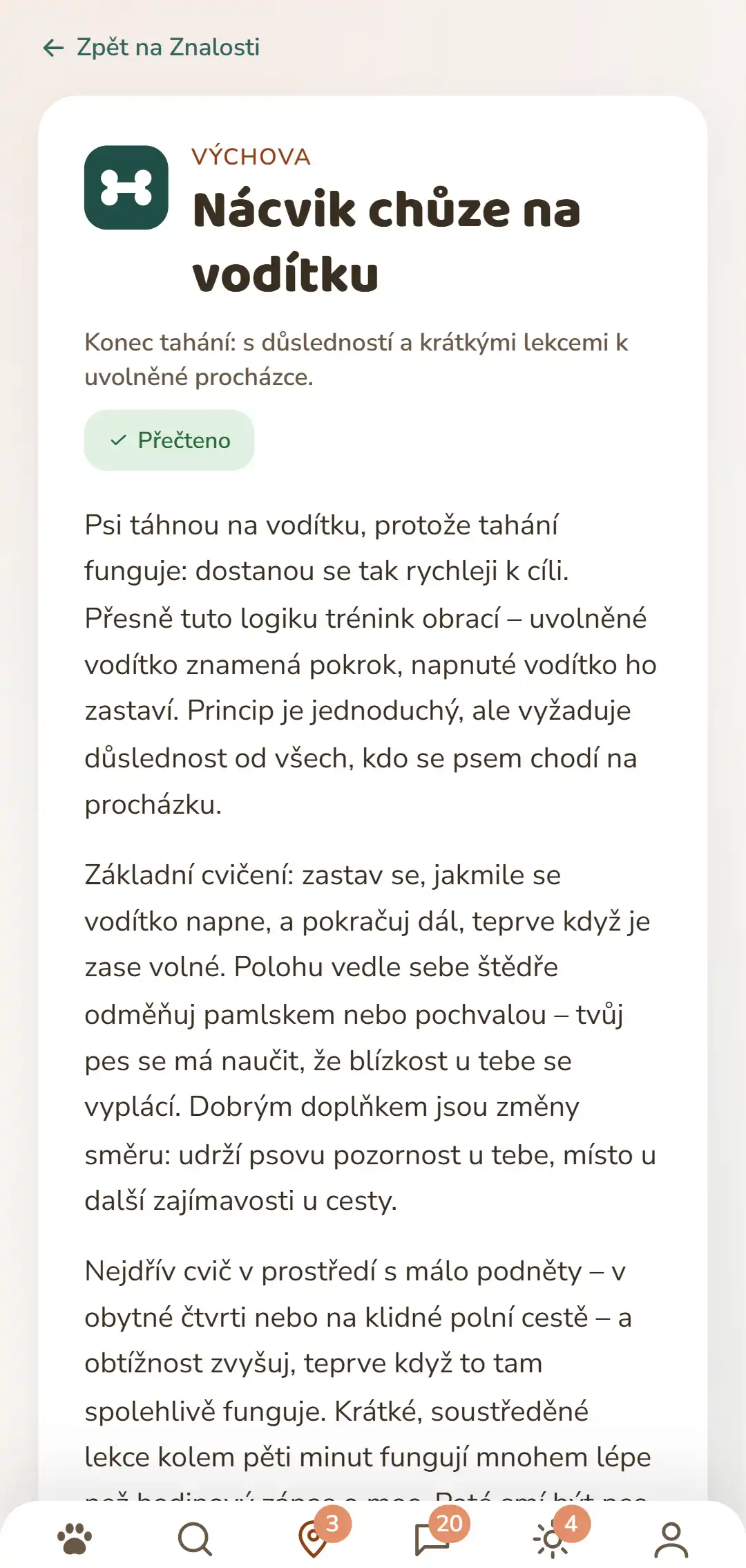 Snímek obrazovky aplikace DOGSY: otevřený příspěvek ze Znalostí. Úplně nahoře cesta zpět do seznamu, pod ní čtyři záložky Guide, Events, Znalosti a Zvířecí pohotovost. Následuje barevný symbol rubriky, rubrika velkými písmeny, titulek, krátký úvod a několik odstavců textu. Úplně dole navigační lišta aplikace. Snímek je v jazyce této stránky.