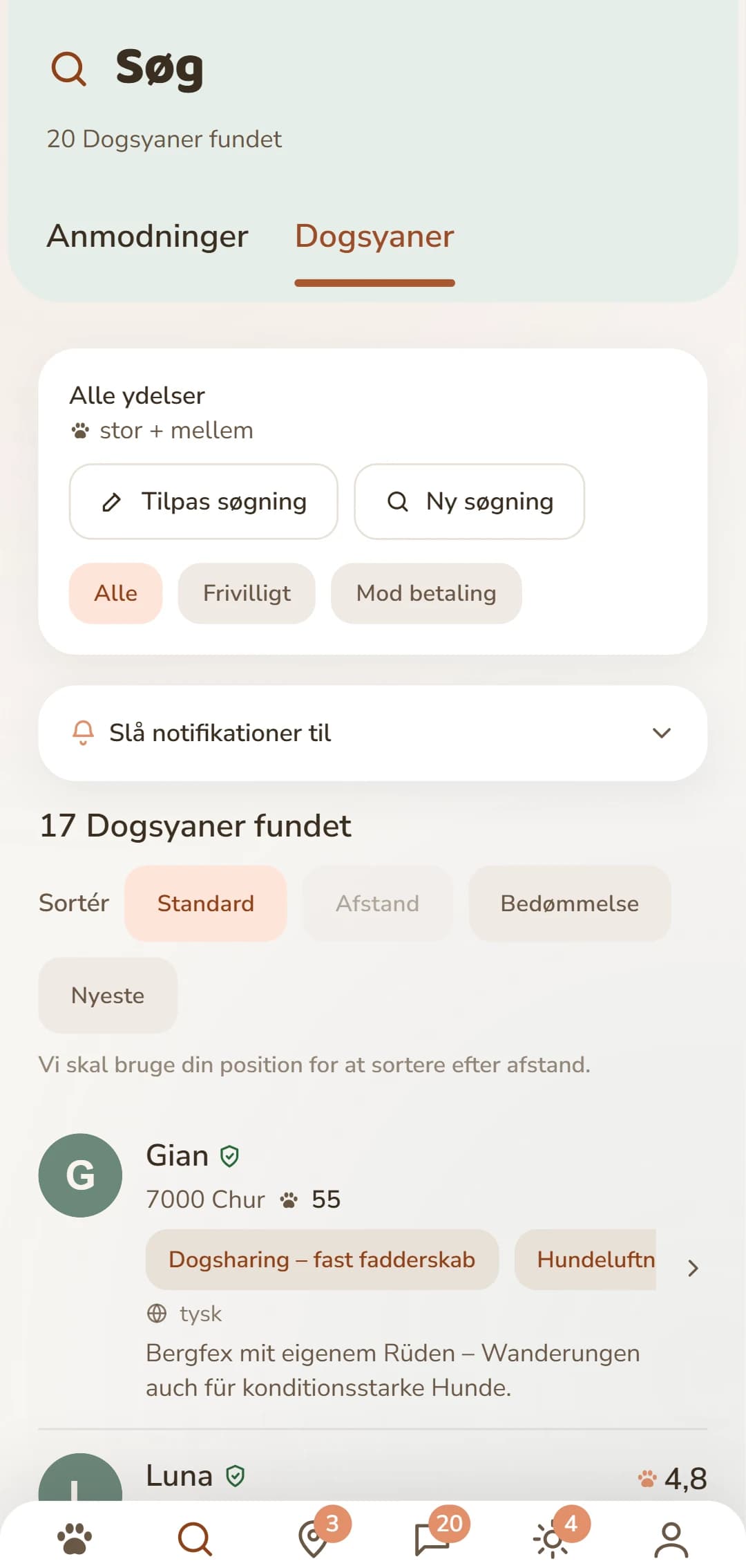 Appens resultatliste: Dogsyanere i nærheden med foto, afstand og bedømmelse