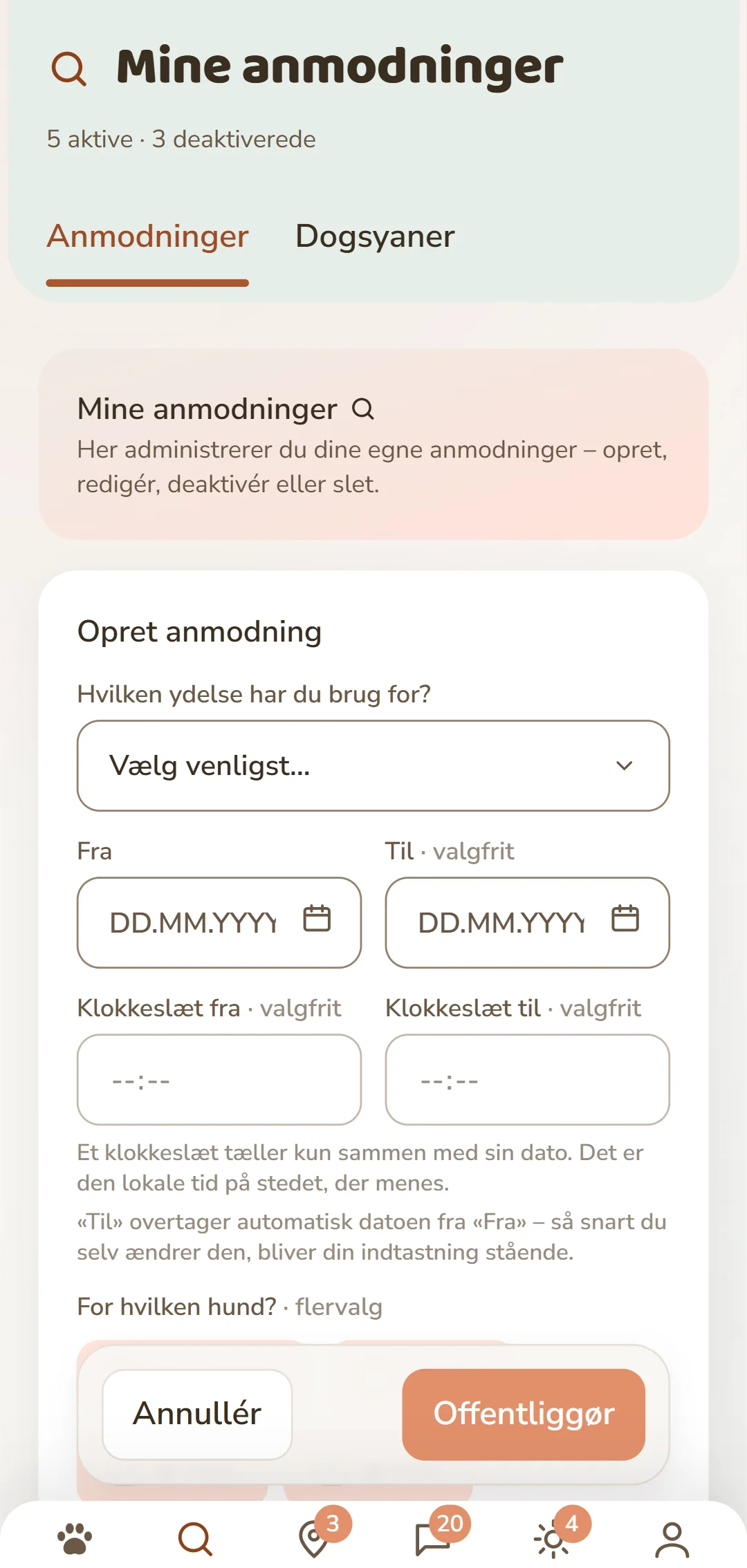 Formularen «Opret anmodning»: ydelse, periode, hund og betaling