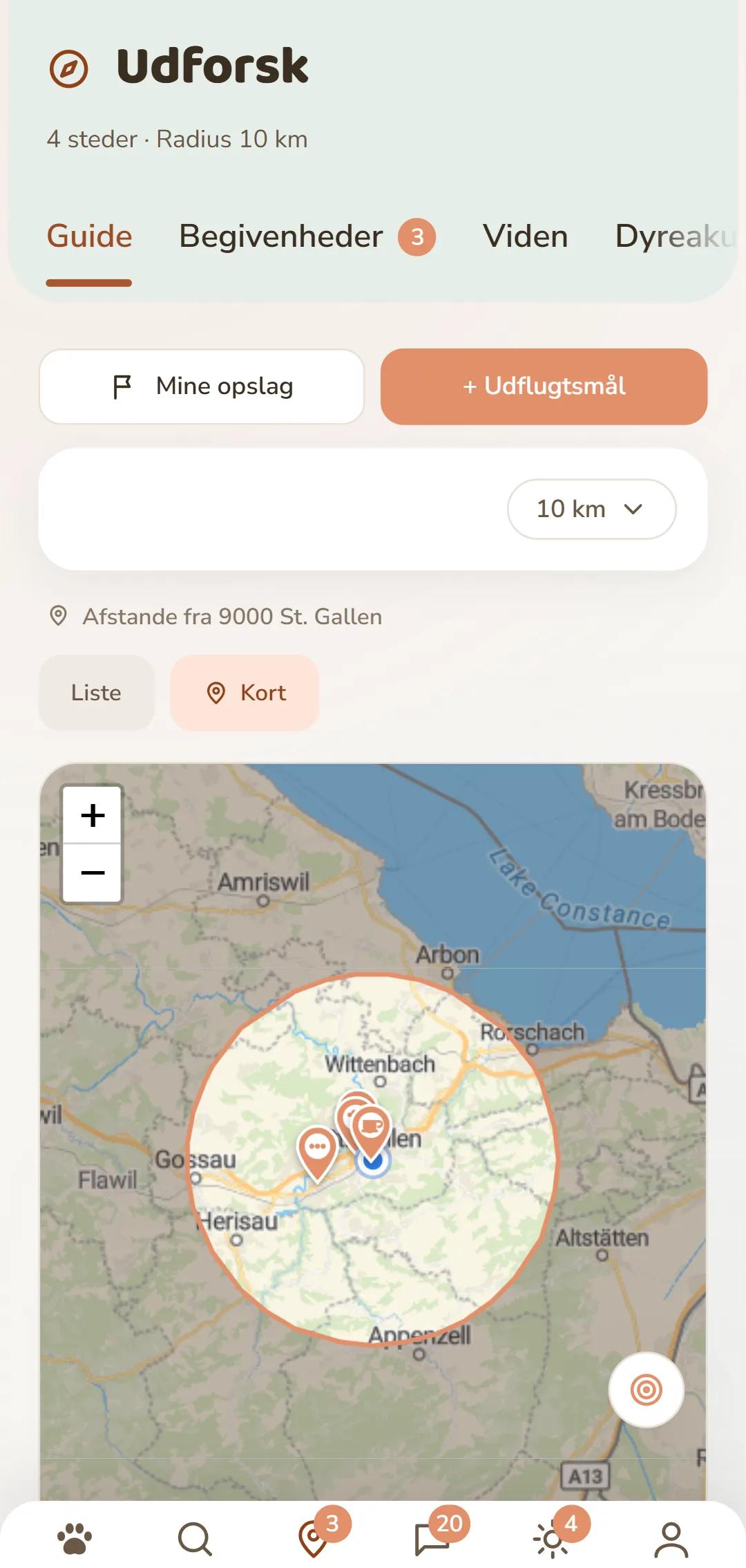 De samme resultater som nåle på kortet, inden for den valgte radius