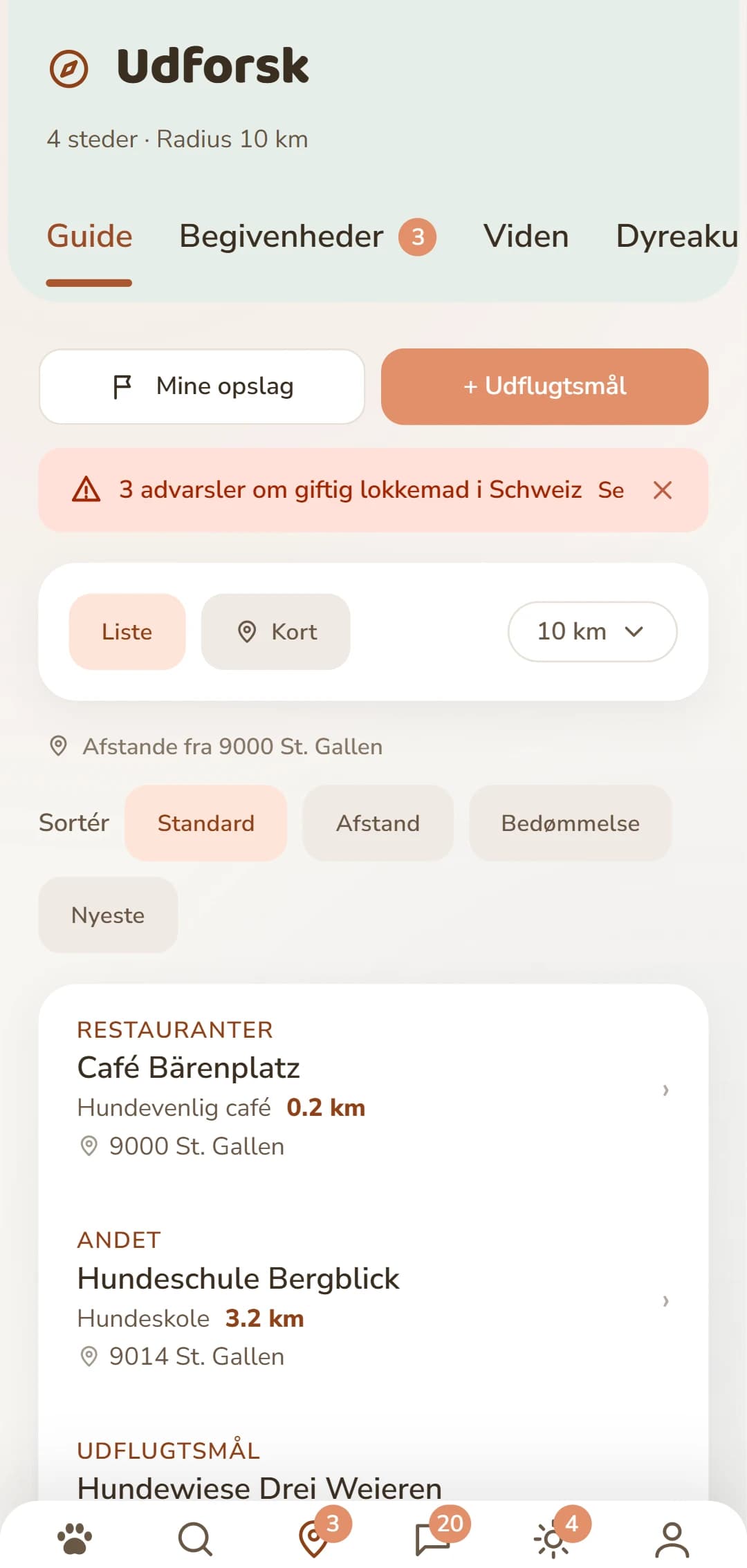 Resultatlisten i fanen Opdag, med kategori og afstand