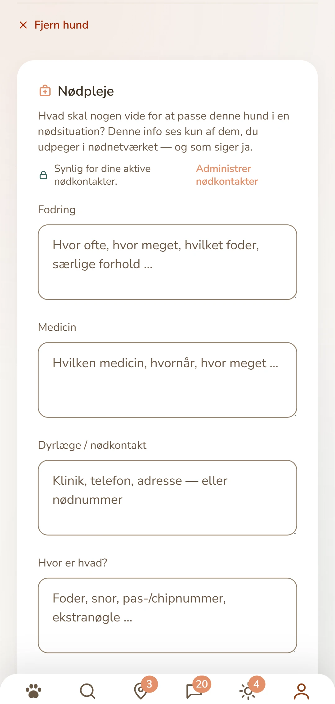 Plejearket for en hund: fodring, medicin, dyrlæge