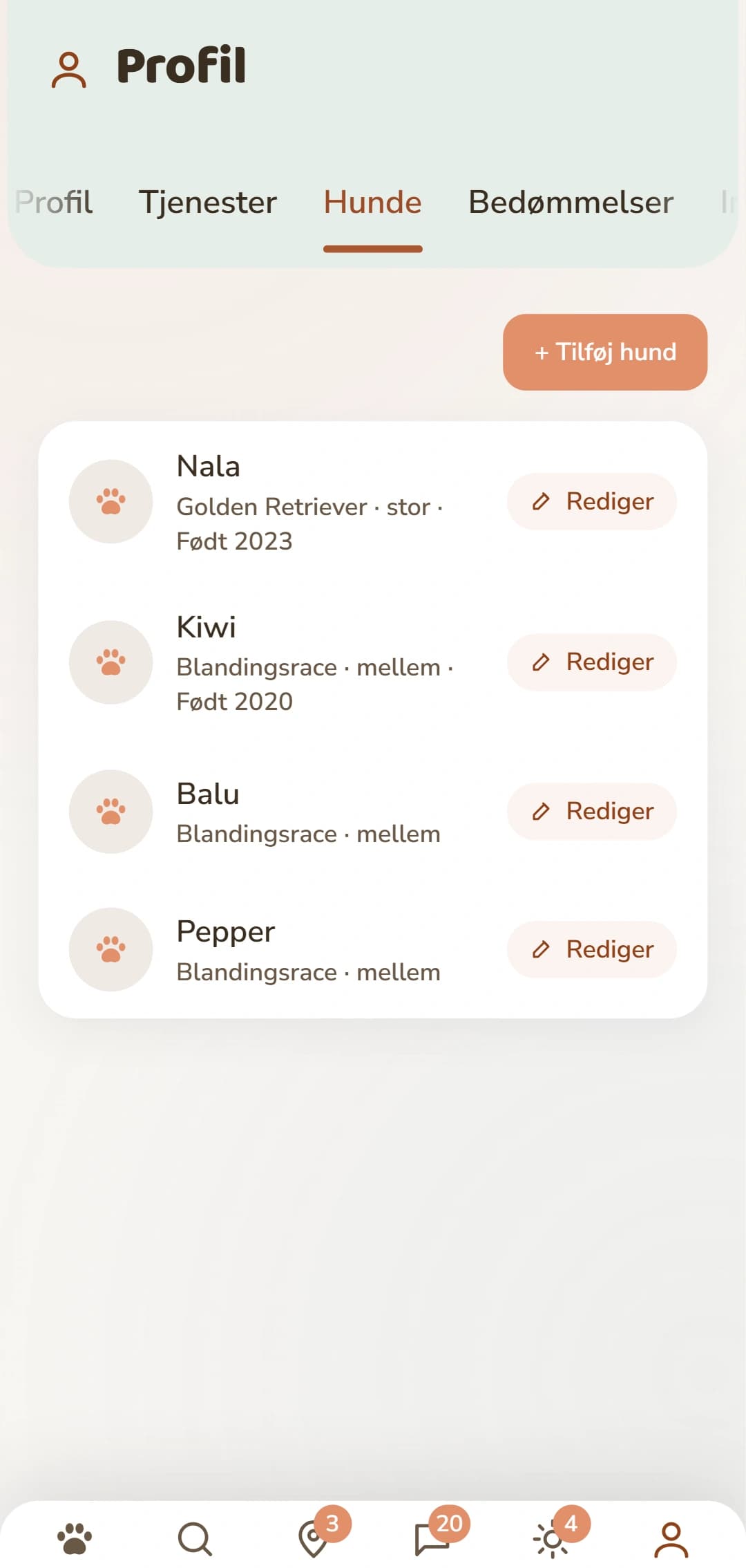 Hundeafsnittet med en egen profil for hver hund