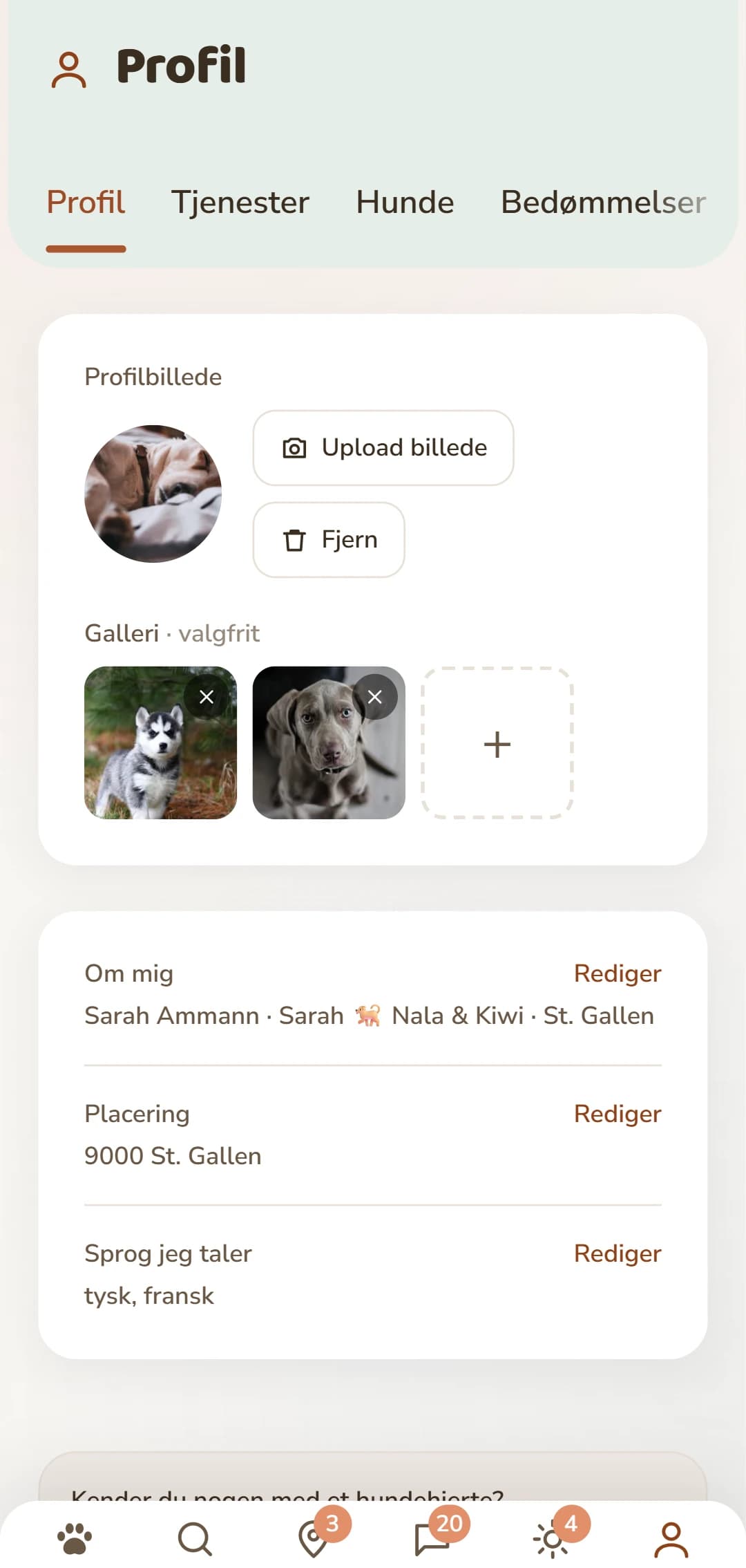 Den egne profil med foto, beskrivelse og fanerne nedenunder