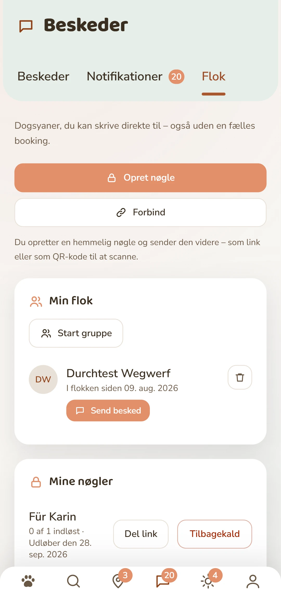Rudel-fanen: opret nøgle og administrer dine forbindelser.