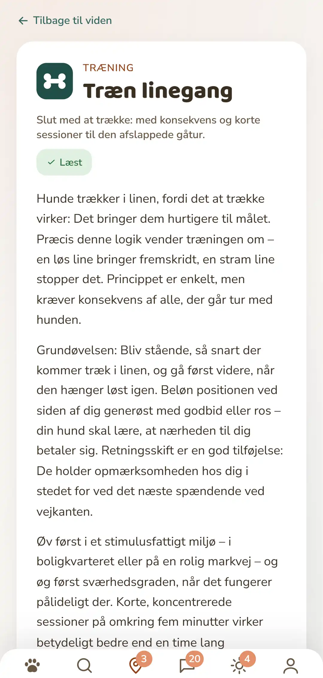 Skærmbillede af DOGSY-appen: et åbnet videns-indlæg. Øverst vejen tilbage til listen, nedenunder de fire faner Guide, Events, Viden og Dyrenødhjælp. Så følger det farvede rubrik-symbol, rubrikken med store bogstaver, titlen, en kort optakt og flere afsnit brødtekst. Allernederst appens navigationslinje. Skærmbilledet vises på denne sides sprog.