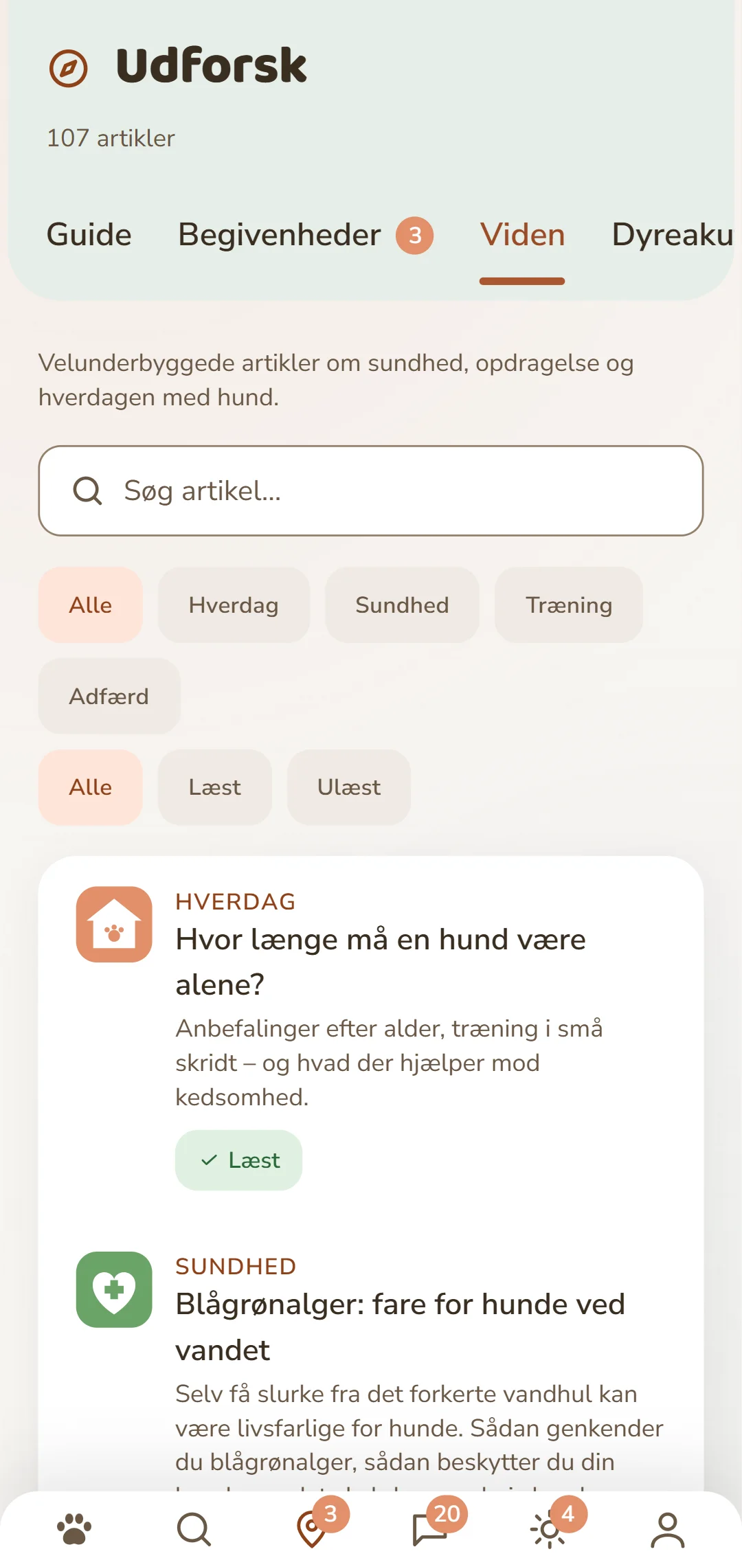 Skærmbillede af DOGSY-appen i fanen «Opdag»: øverst antallet af indlæg, nedenunder de fire faner Guide, Events, Viden og Dyrenødhjælp. Så følger et søgefelt og runde filtre for rubrikkerne – Alle, Hverdag, Sundhed, Adfærd, Opdragelse. Nedenunder indlæggene som kort: til venstre et farvet rubrik-symbol, ved siden af rubrikken med store bogstaver, titlen og en kort optakt. Allernederst appens navigationslinje. Skærmbilledet vises på denne sides sprog.