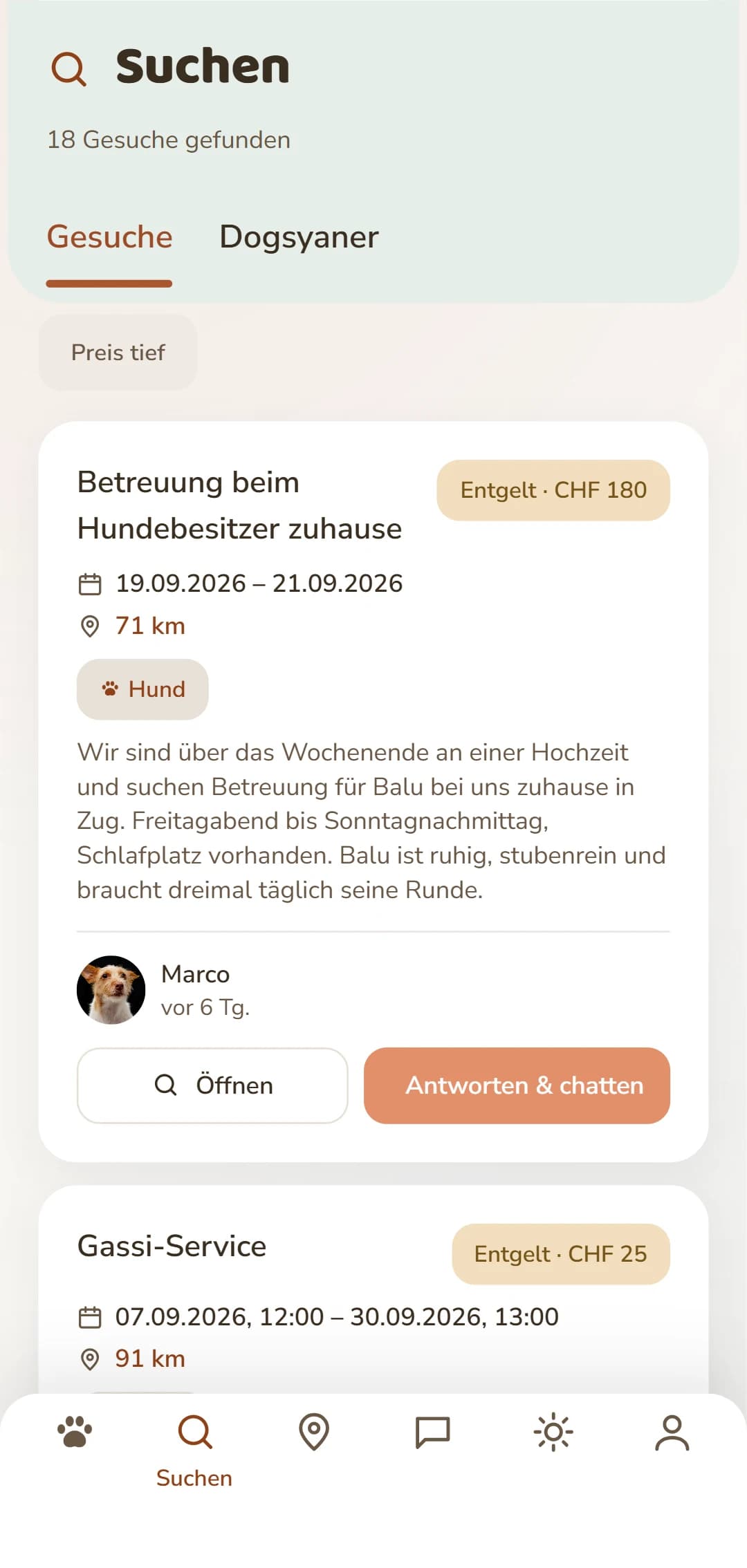 Dogsharing-Gesuche mit Richtung, Rhythmus und Wochentagen