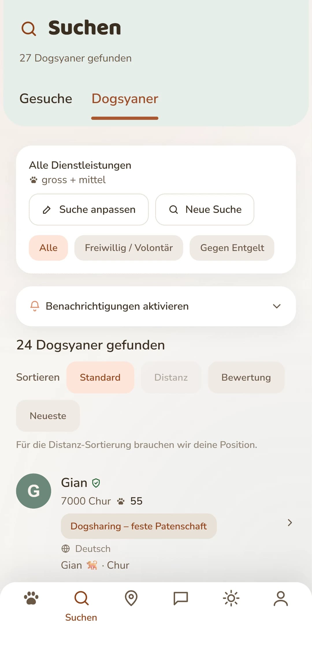 Trefferliste der App: Dogsyaner in der Nähe mit Foto, Entfernung und Bewertung