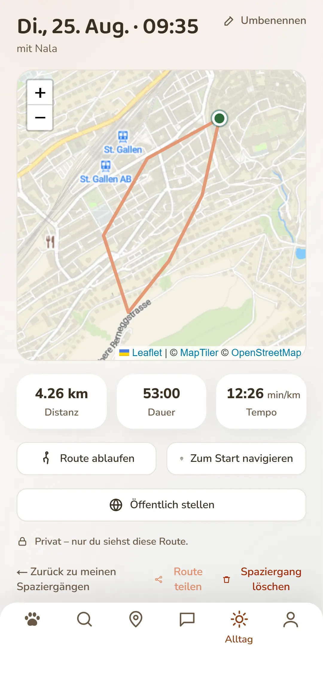 Eine aufgezeichnete Runde mit Route, Distanz, Dauer und Tempo