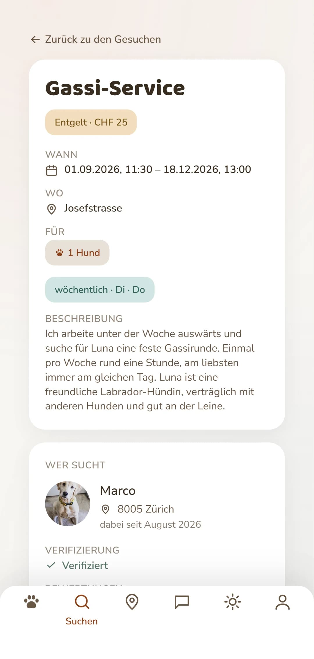 Das fertige Gesuch, wie es andere Dogsyaner angezeigt bekommen