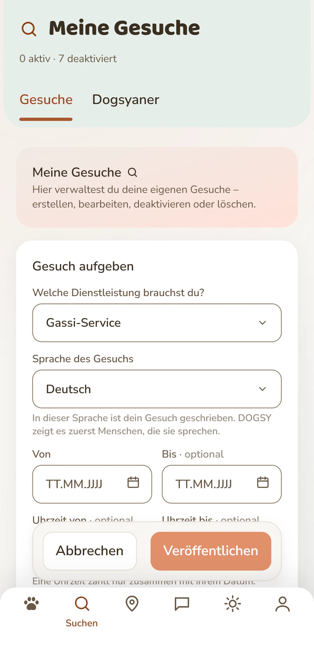 Die Maske «Gesuch aufgeben»: Leistung, Zeitraum, Hund und Vergütung