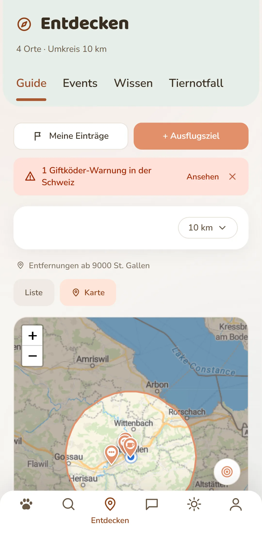 Dieselben Treffer als Nadeln auf der Karte, im gewählten Umkreis