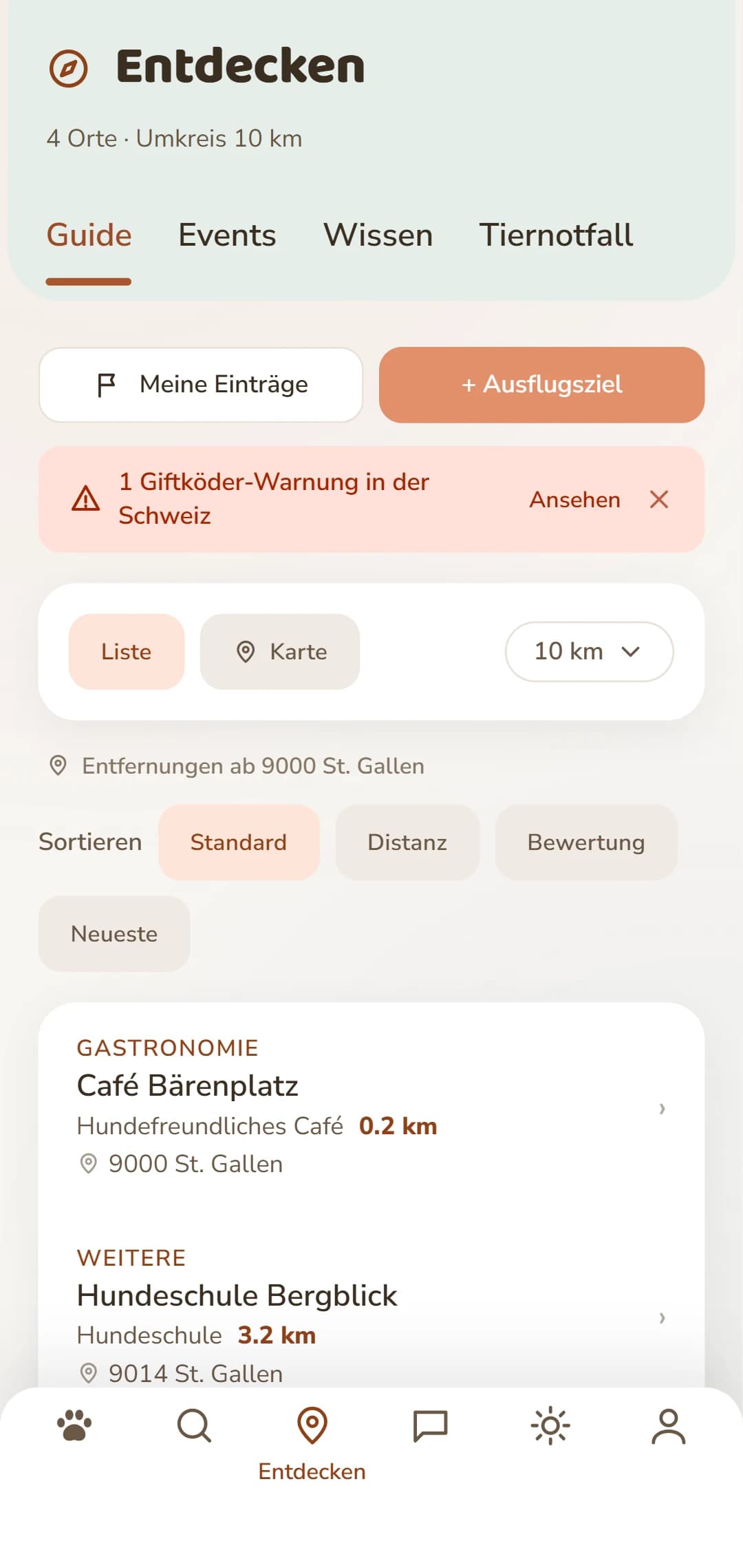 Die Trefferliste im Entdecken-Tab, mit Kategorie und Entfernung