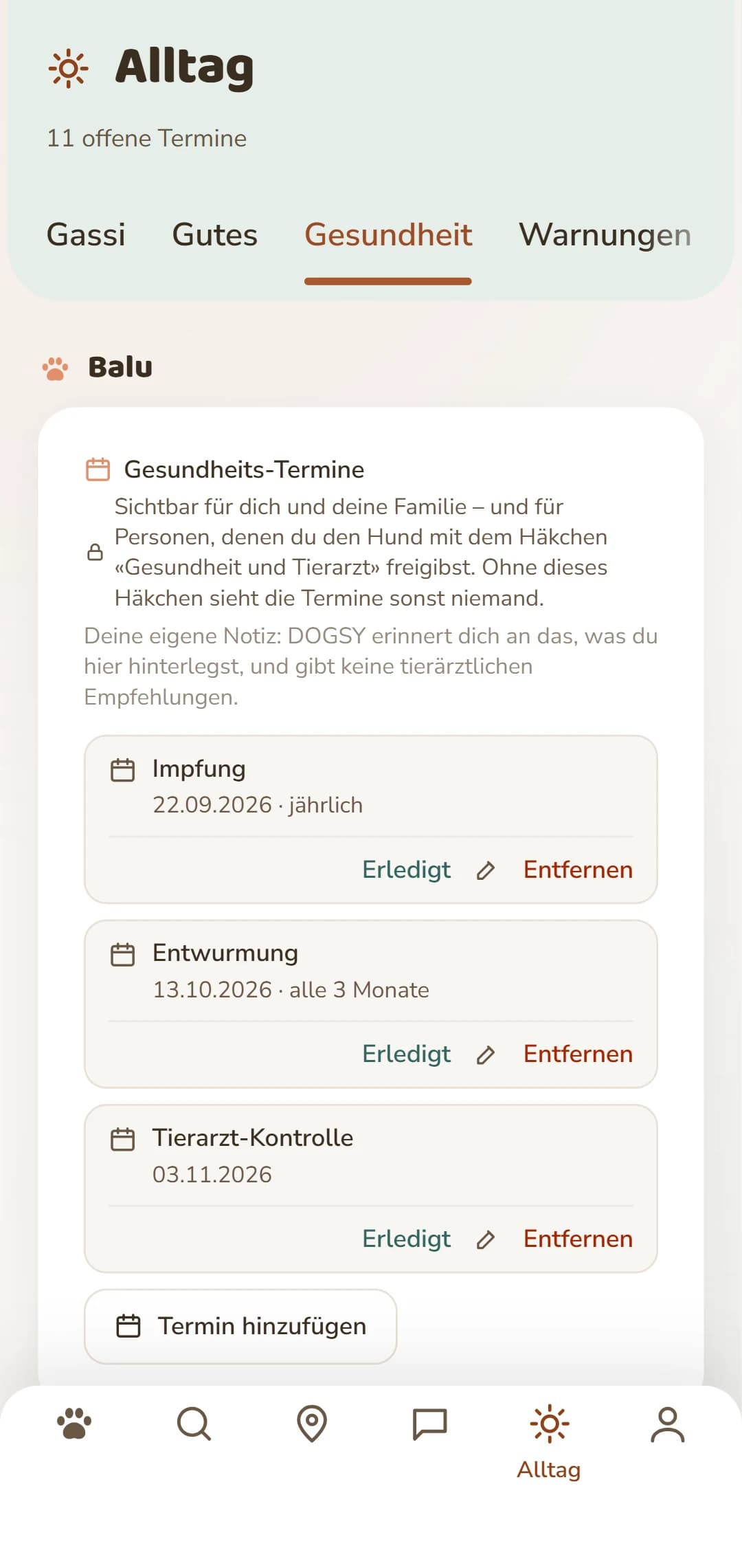 Gesundheits-Termine je Hund: Impfung, Entwurmung, Zeckenschutz und mehr