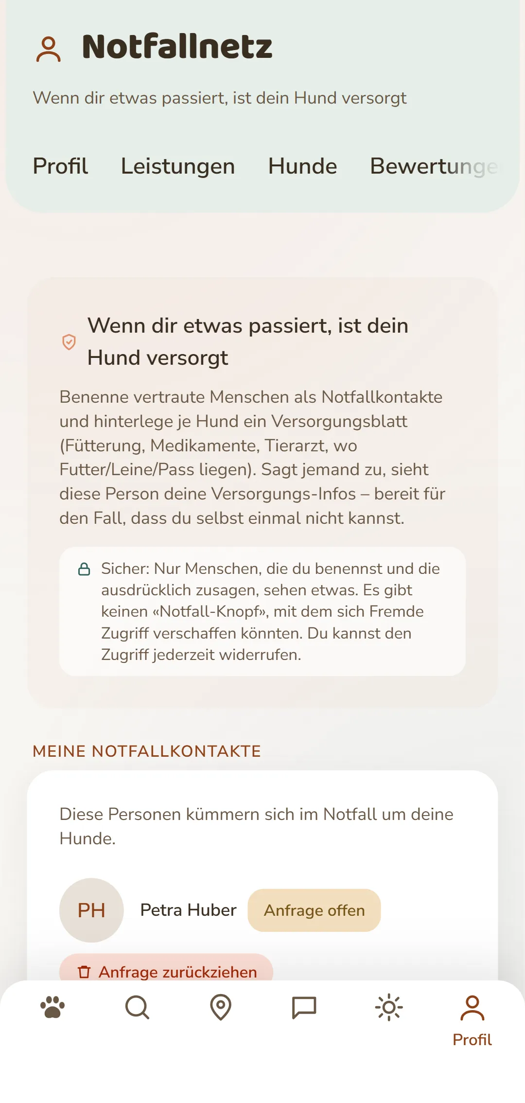 Deine Notfallkontakte und offene Anfragen im Überblick