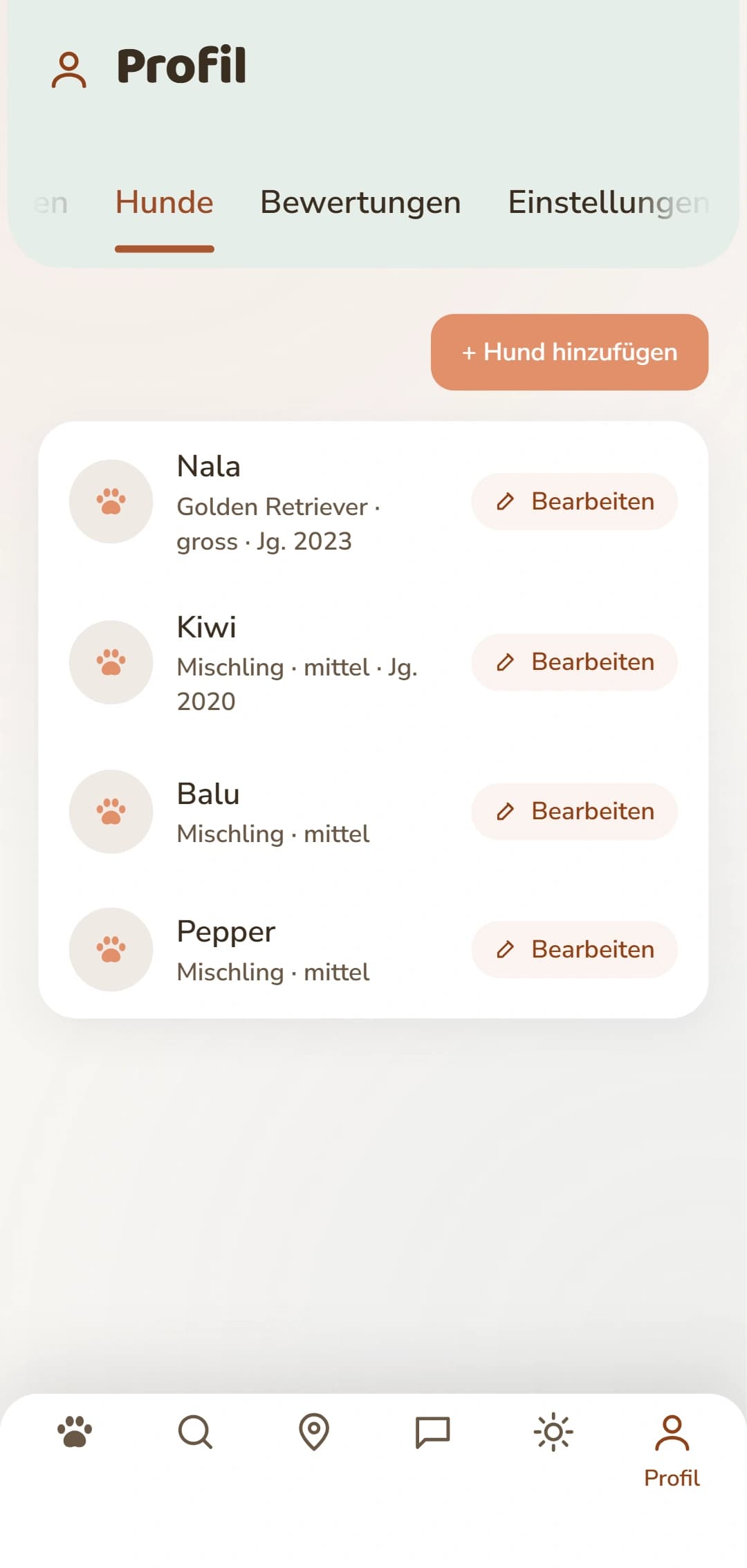 Der Hunde-Bereich mit einem eigenen Profil je Hund