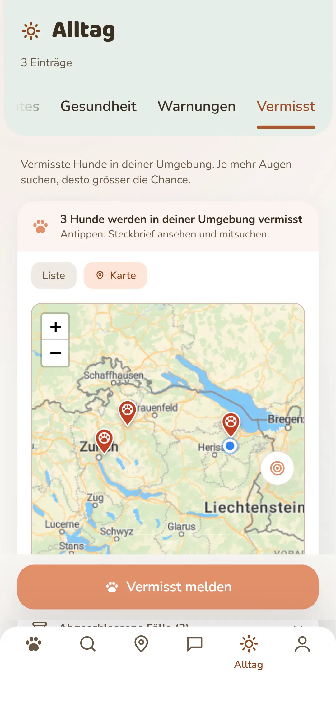 Offene FĂ€lle im Umkreis â als Karte in der App