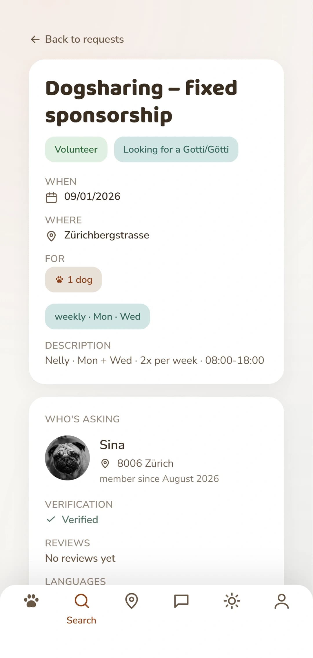 A Dogsharing request in detail: dates, place and who is behind it