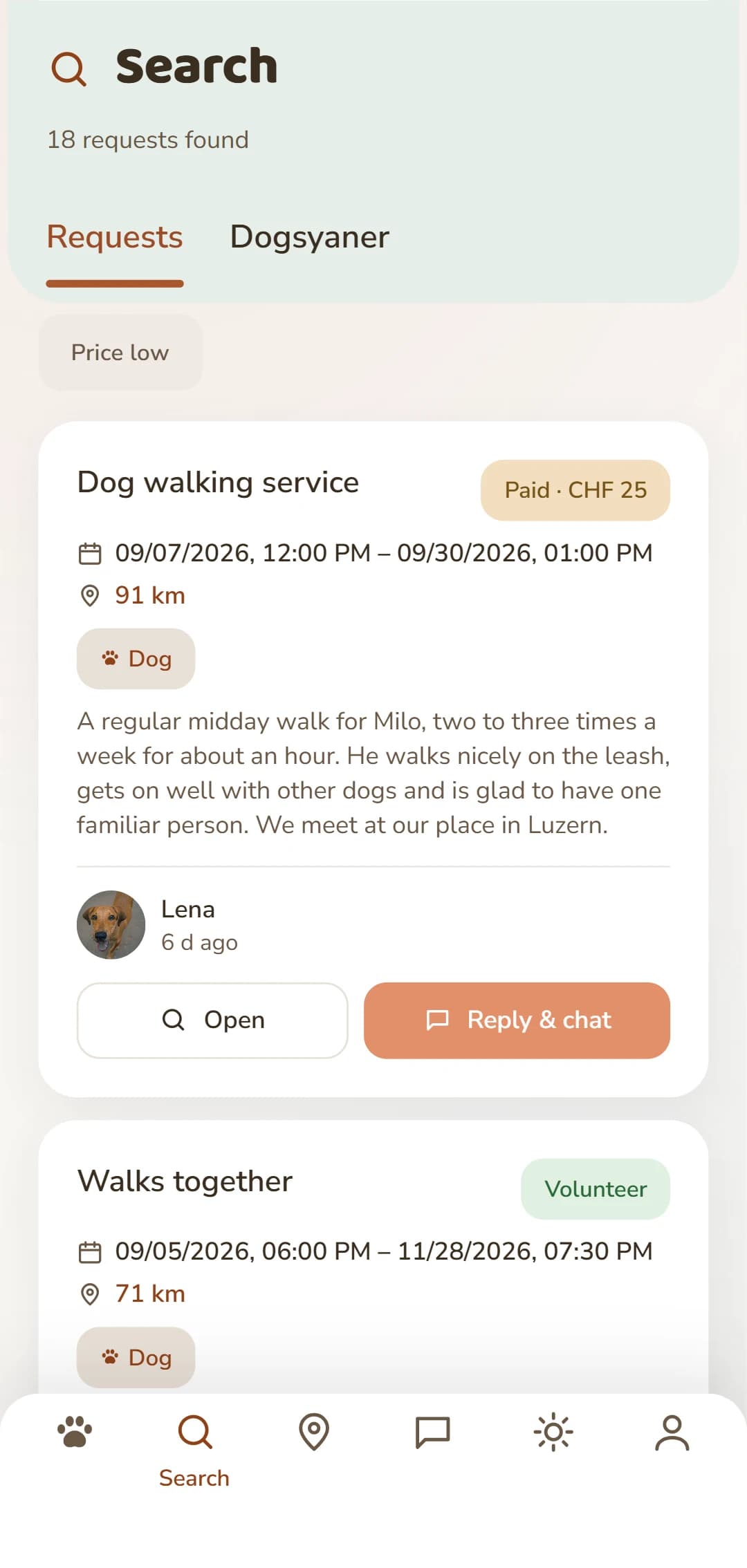Dogsharing requests with direction, rhythm and weekdays
