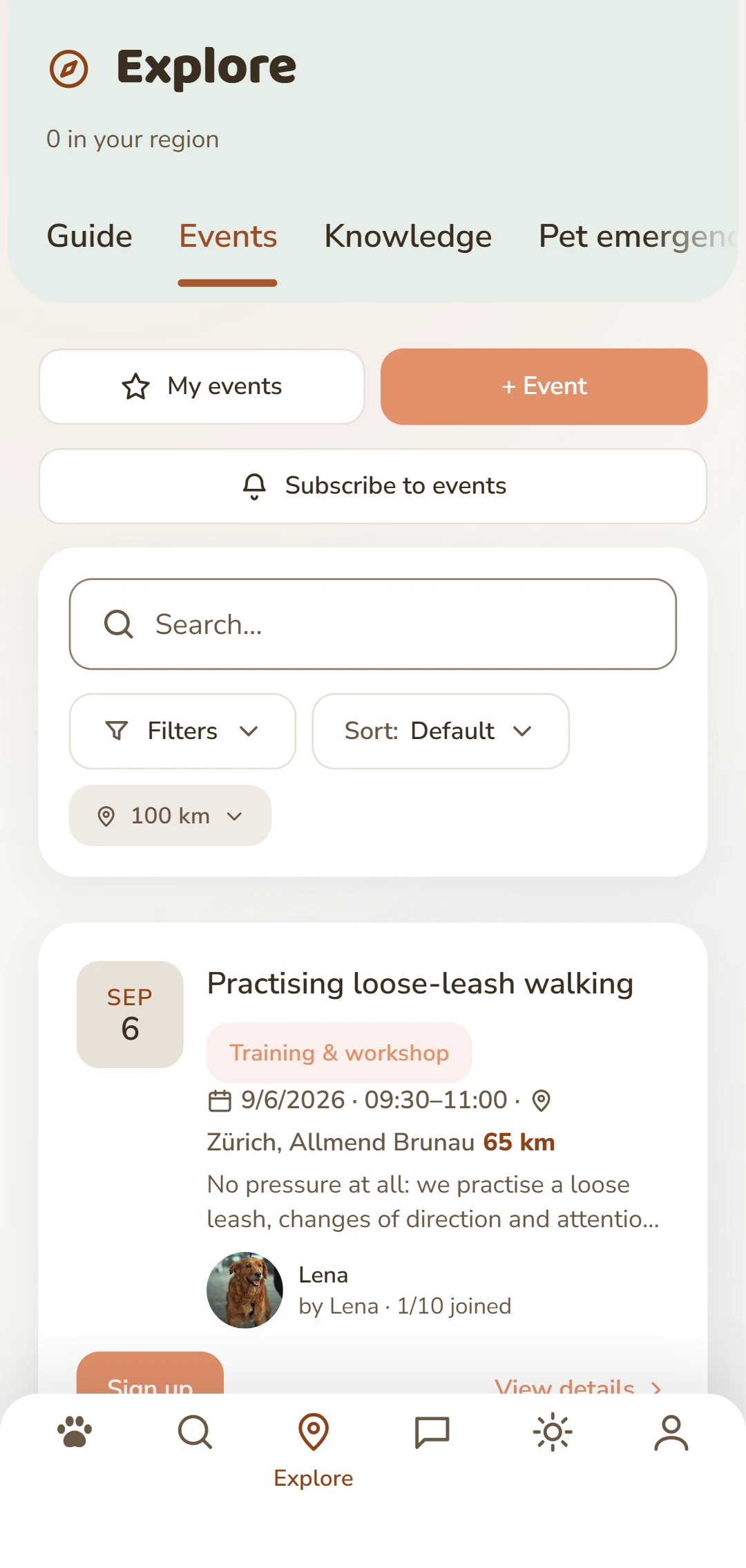 Upcoming dog events with date, place and distance