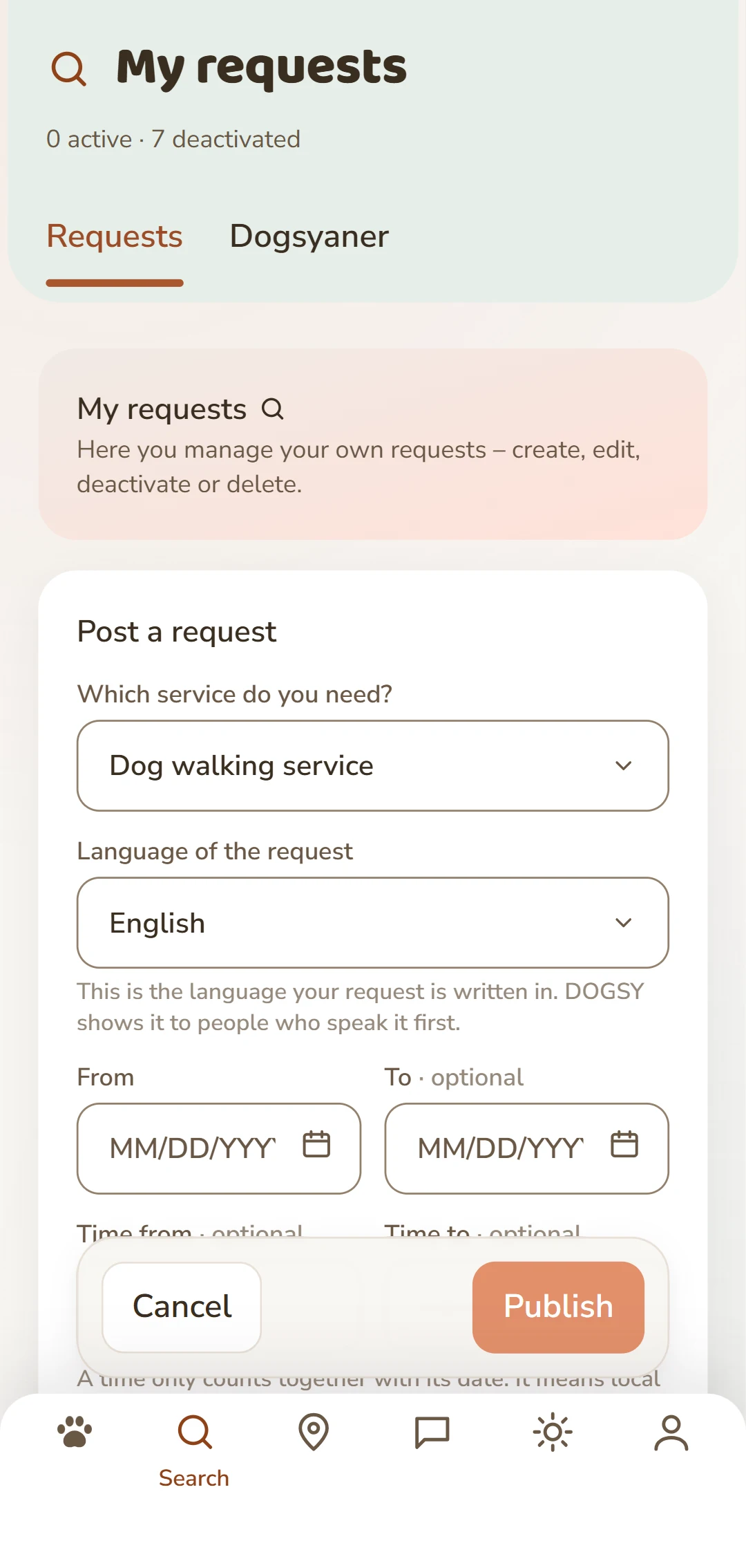 The «Post a request» form: service, dates, dog and payment