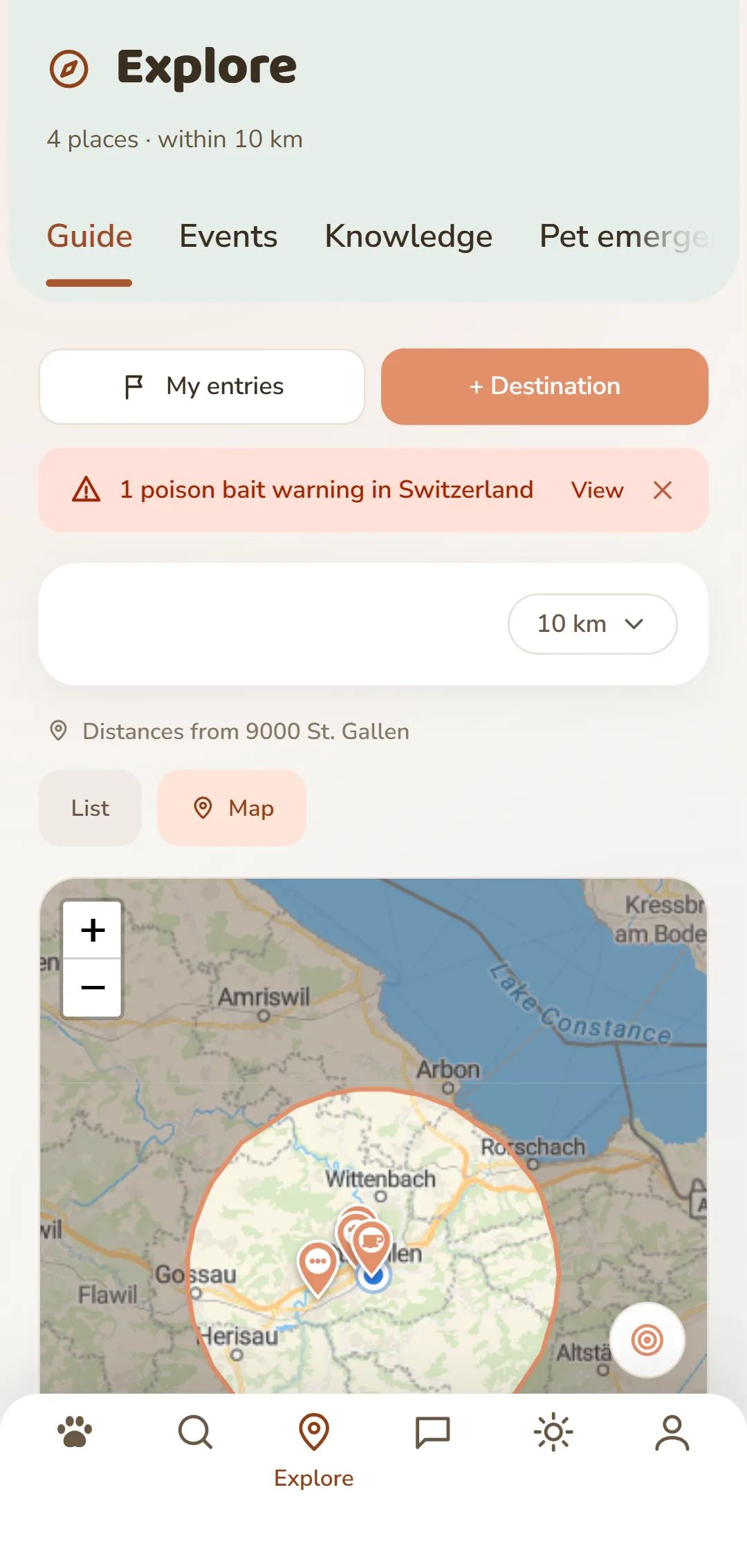 App map with pins on dog-friendly places in the area