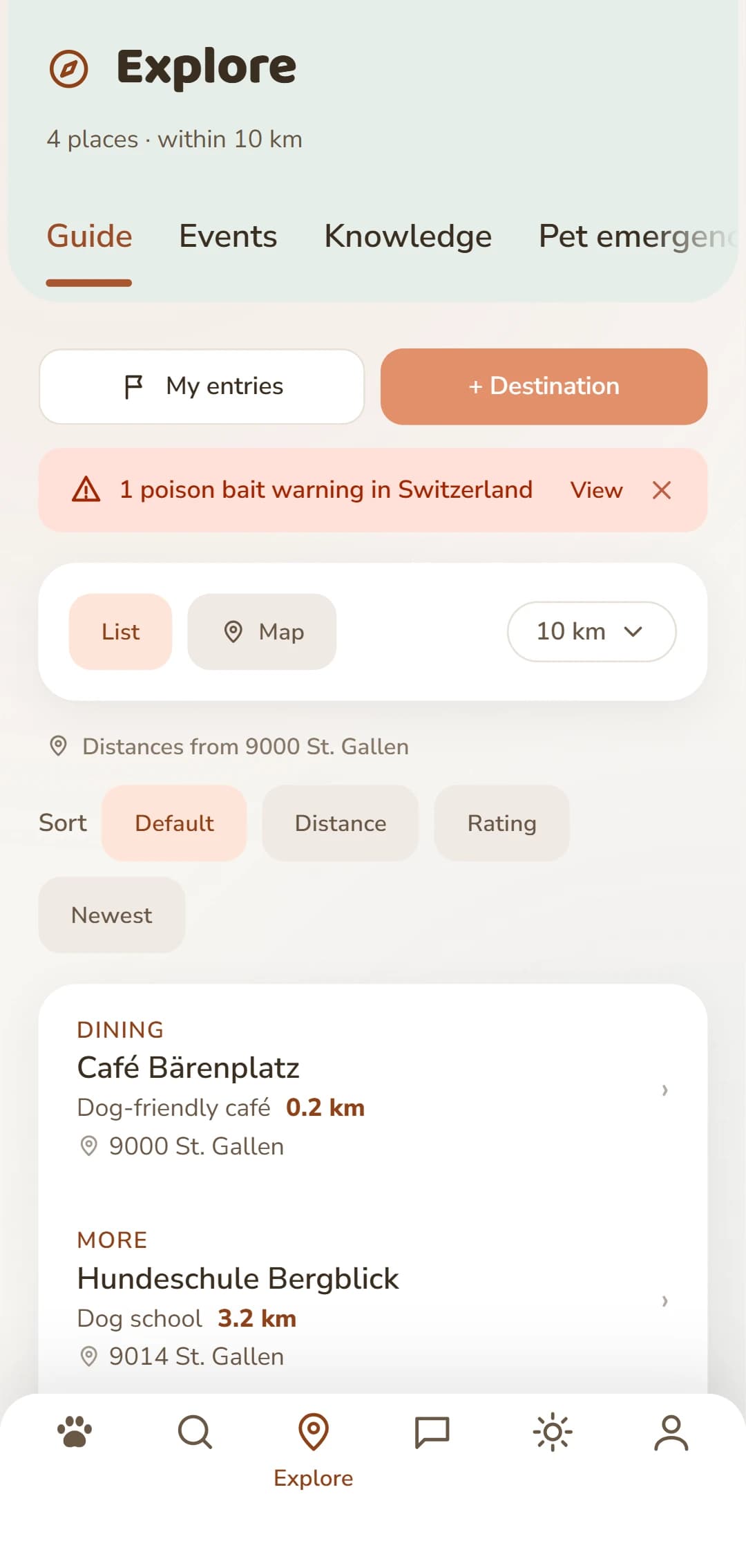 The results list in the Discover tab, with category and distance