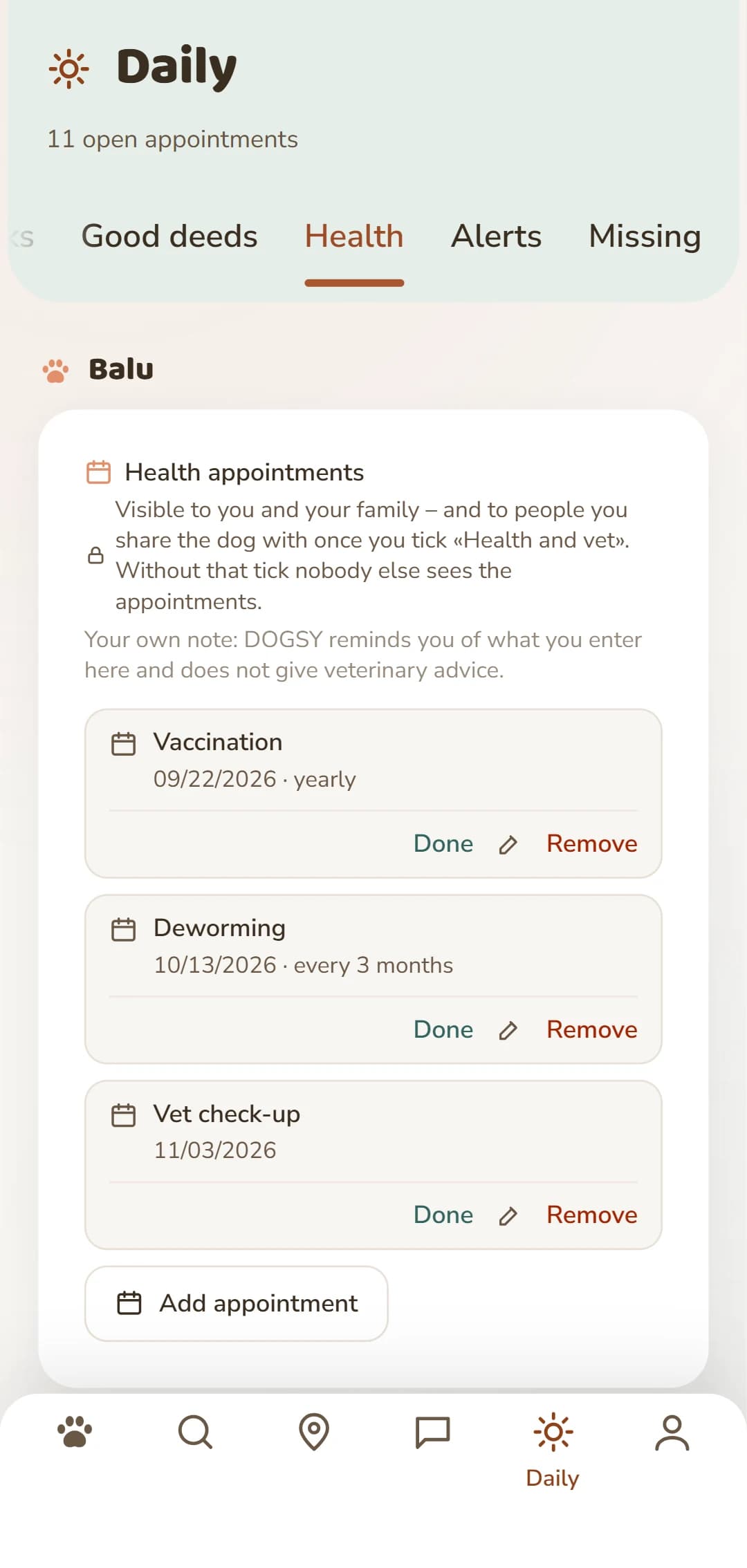 Health appointments per dog: vaccination, deworming, tick protection and more