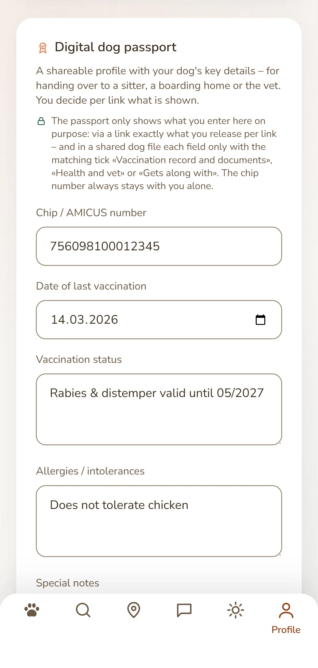 The digital dog passport: chip number, vaccination status and allergies