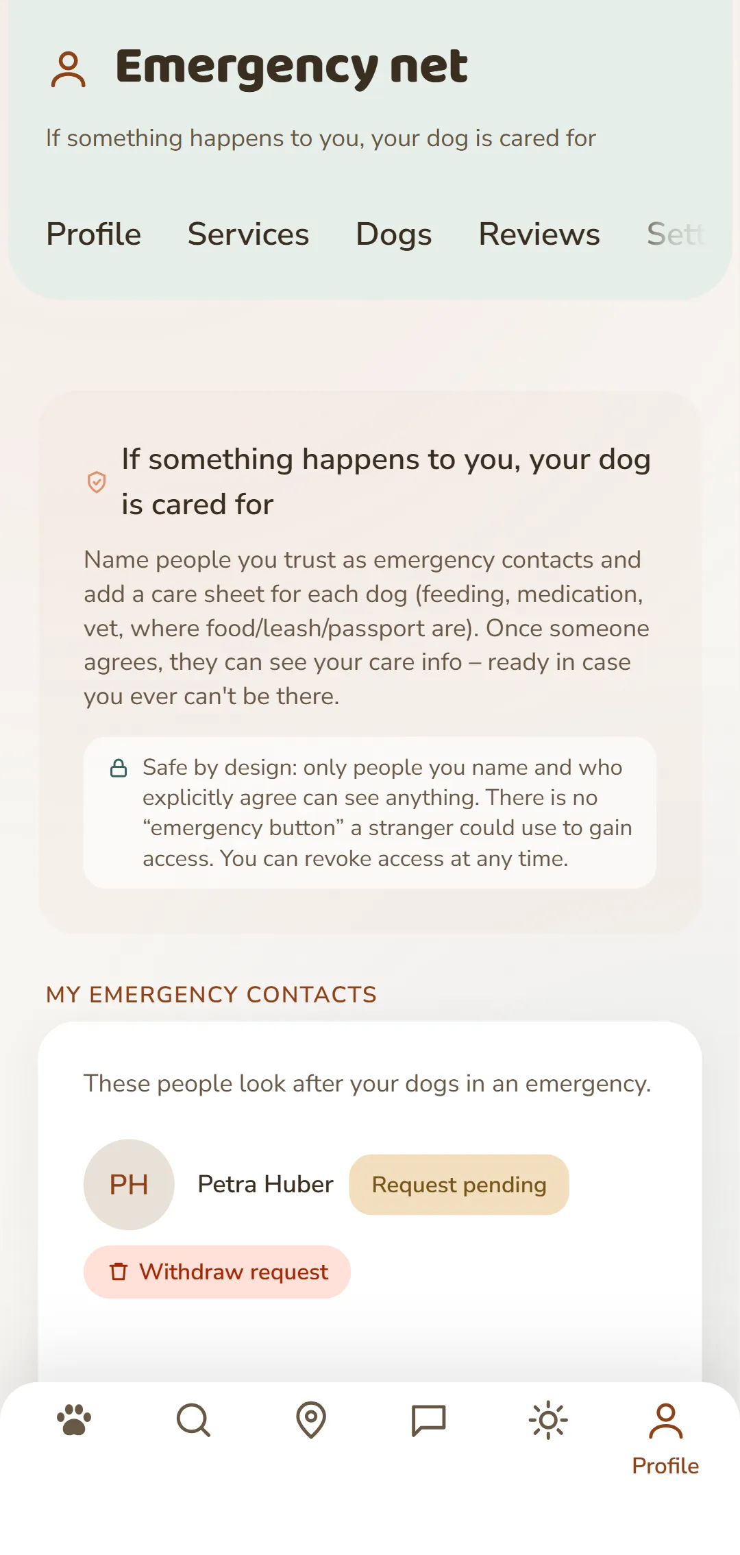 Your emergency contacts and open requests at a glance