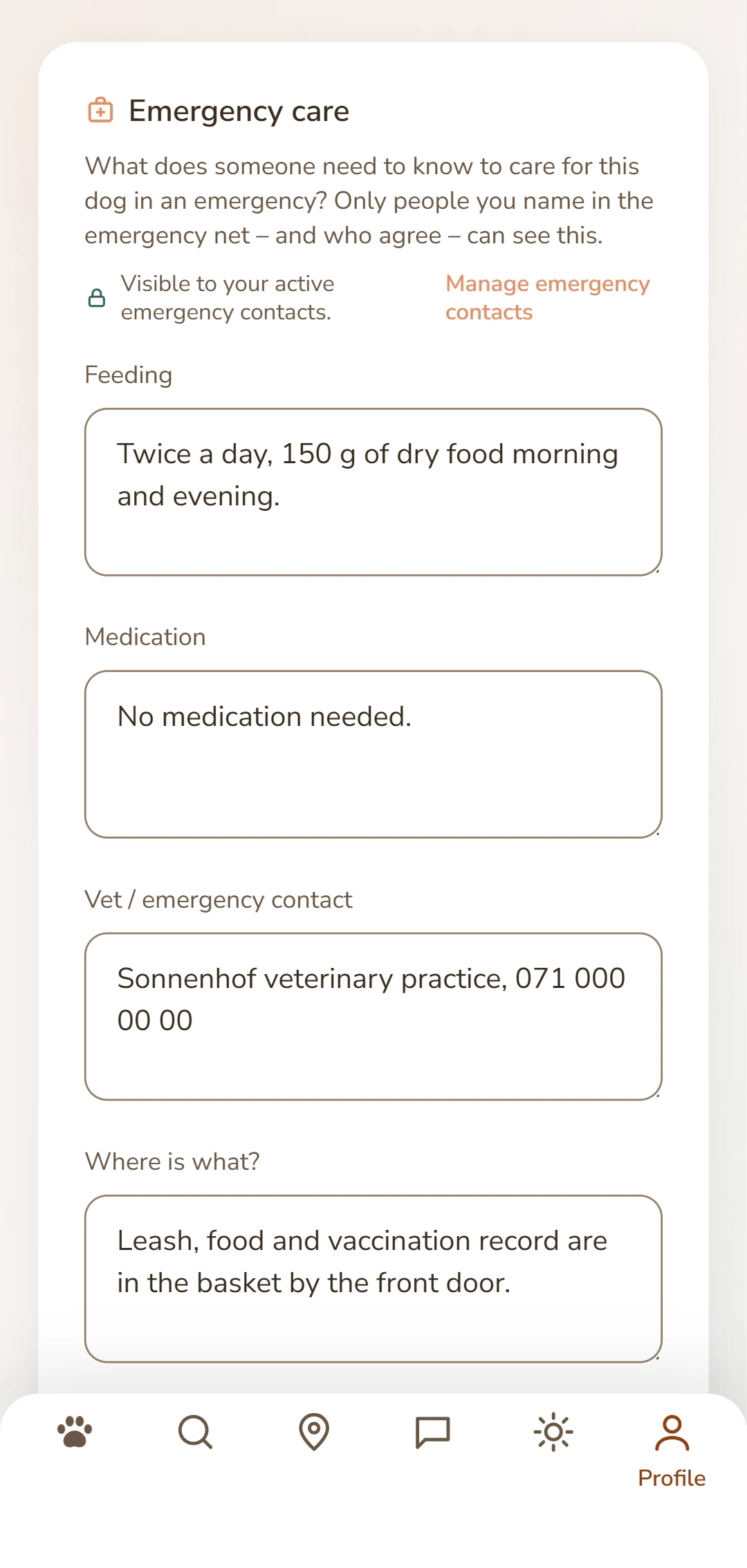 A dog's care sheet: feeding, medication, vet