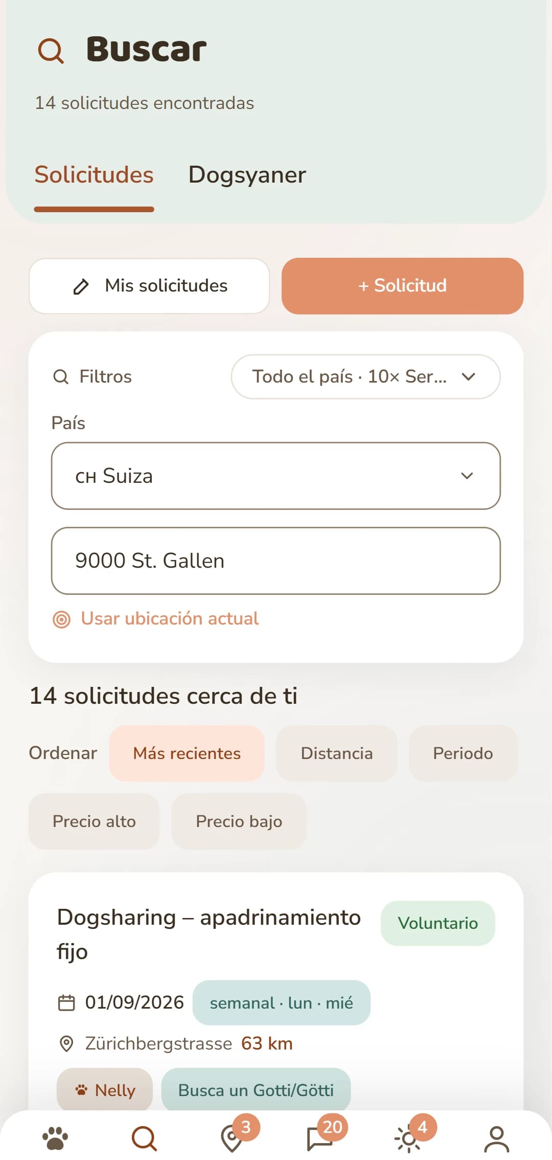 Solicitudes de Dogsharing con dirección, ritmo y días de la semana