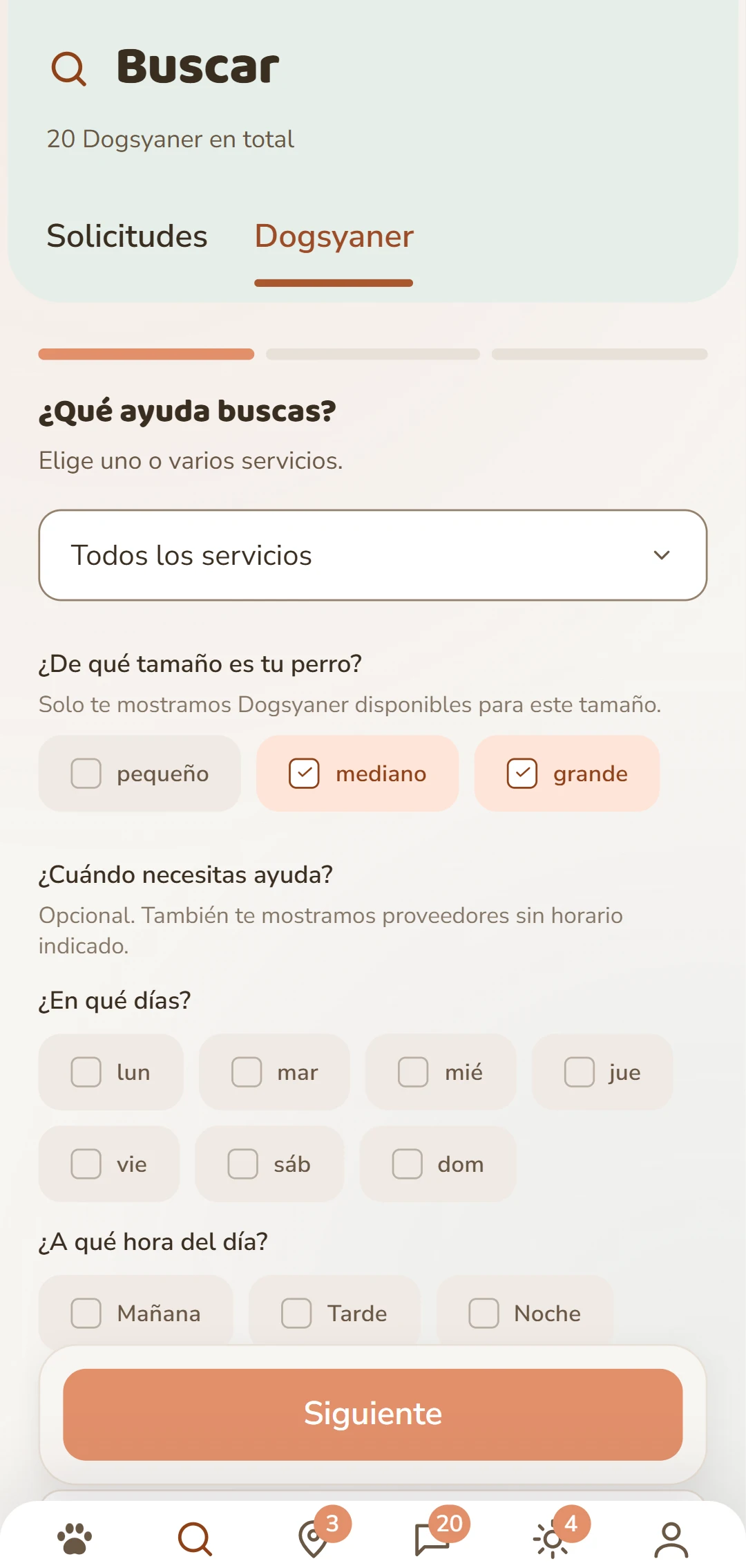 Filtros finos: servicio, tamaño del perro y otros criterios