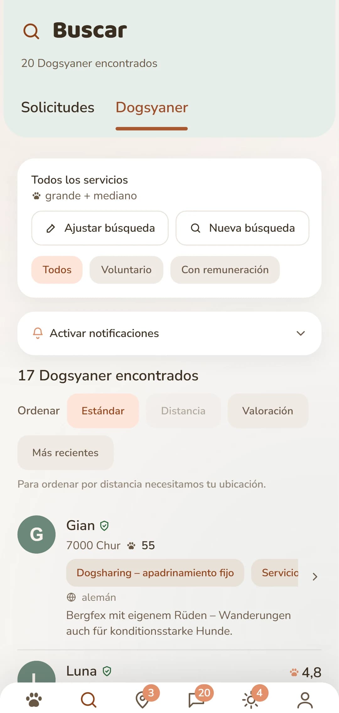 Lista de resultados de la app: Dogsyaner cercanos con foto, distancia y valoración