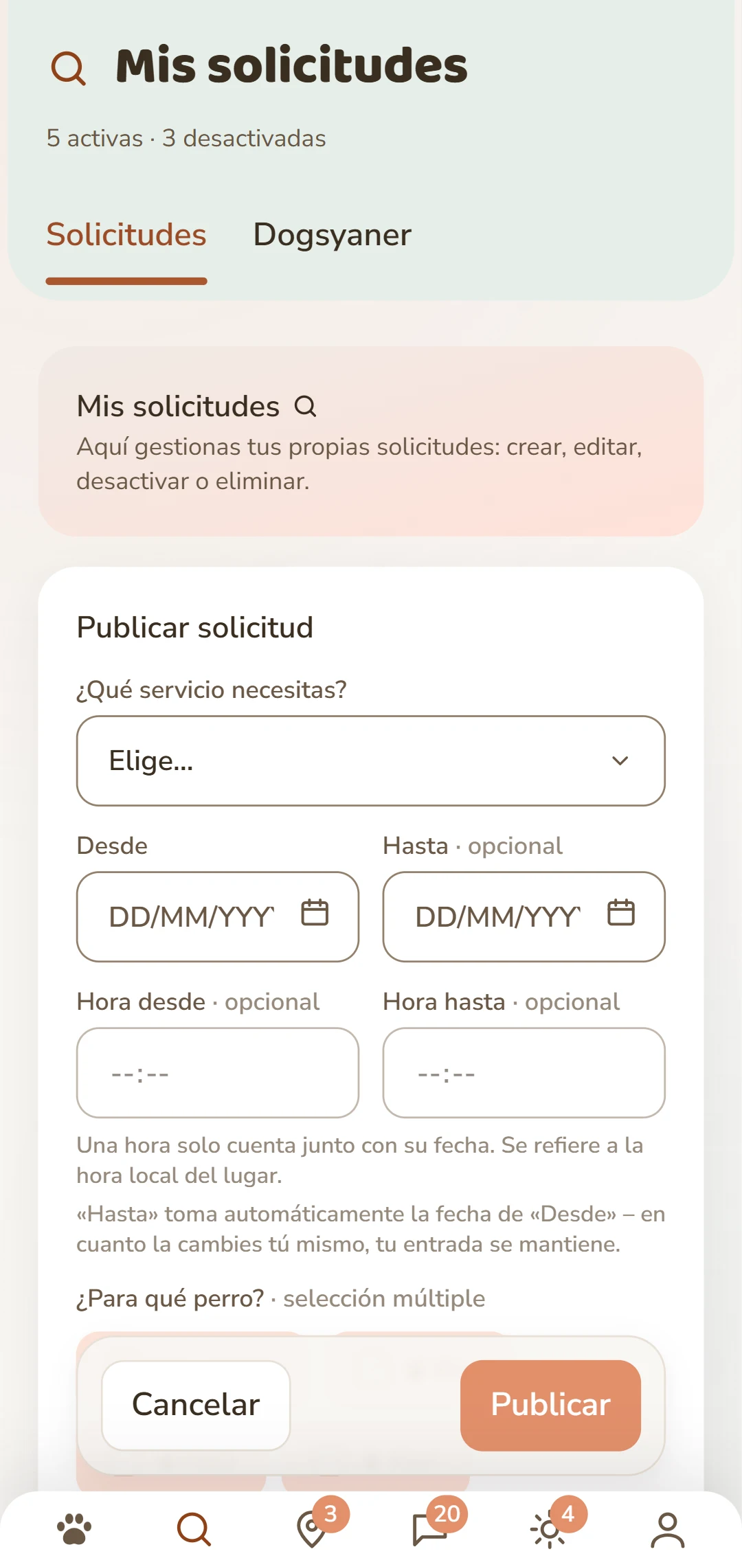 El formulario «Publicar solicitud»: servicio, periodo, perro y remuneración