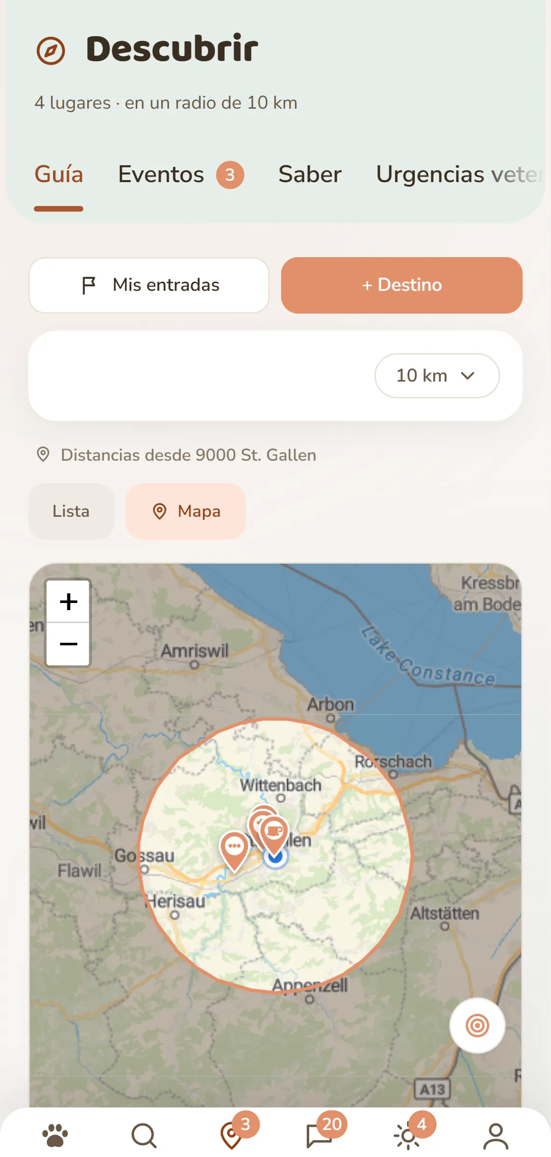 Mapa de la app con chinchetas en lugares para perros de la zona