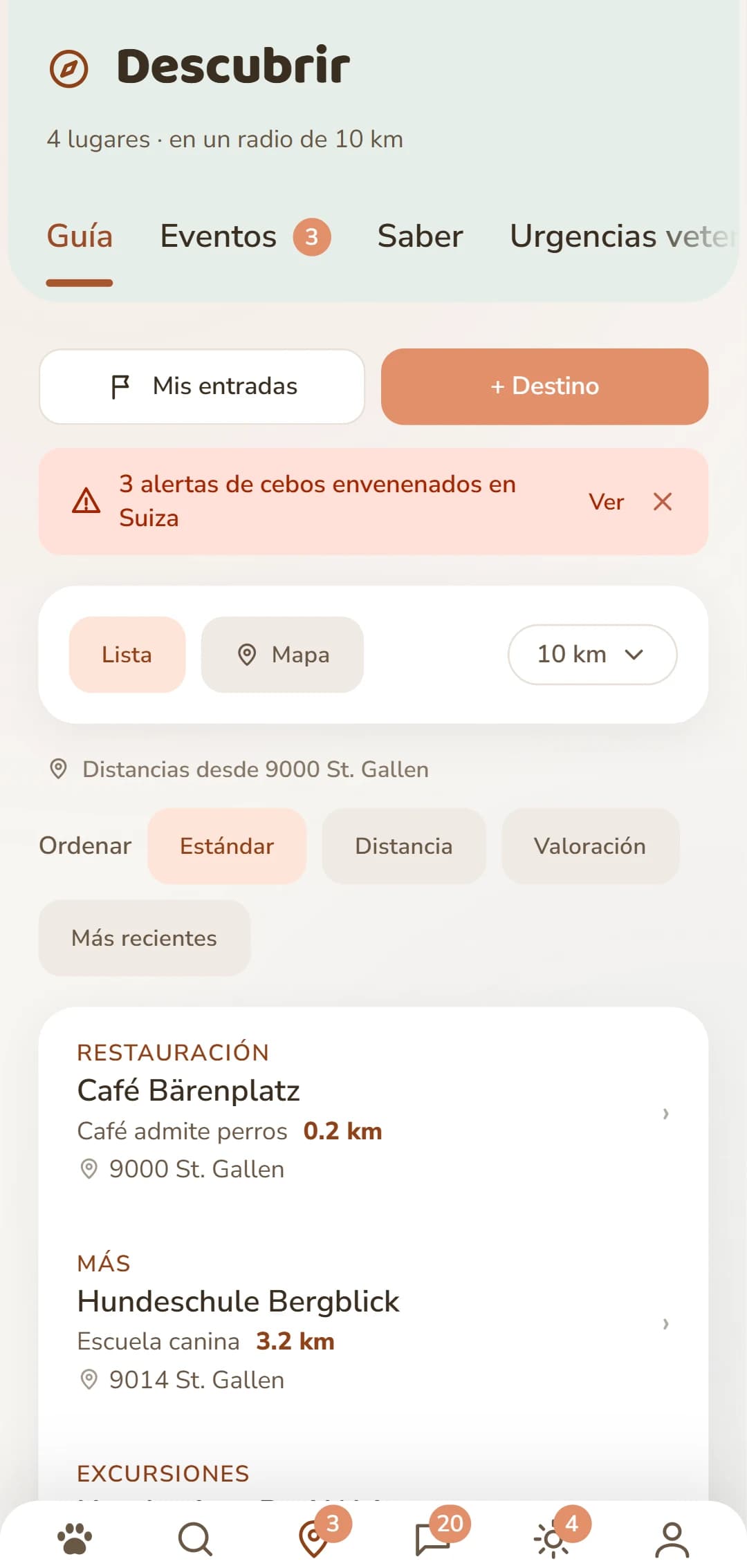 La lista de resultados en la pestaña Descubrir, con categoría y distancia