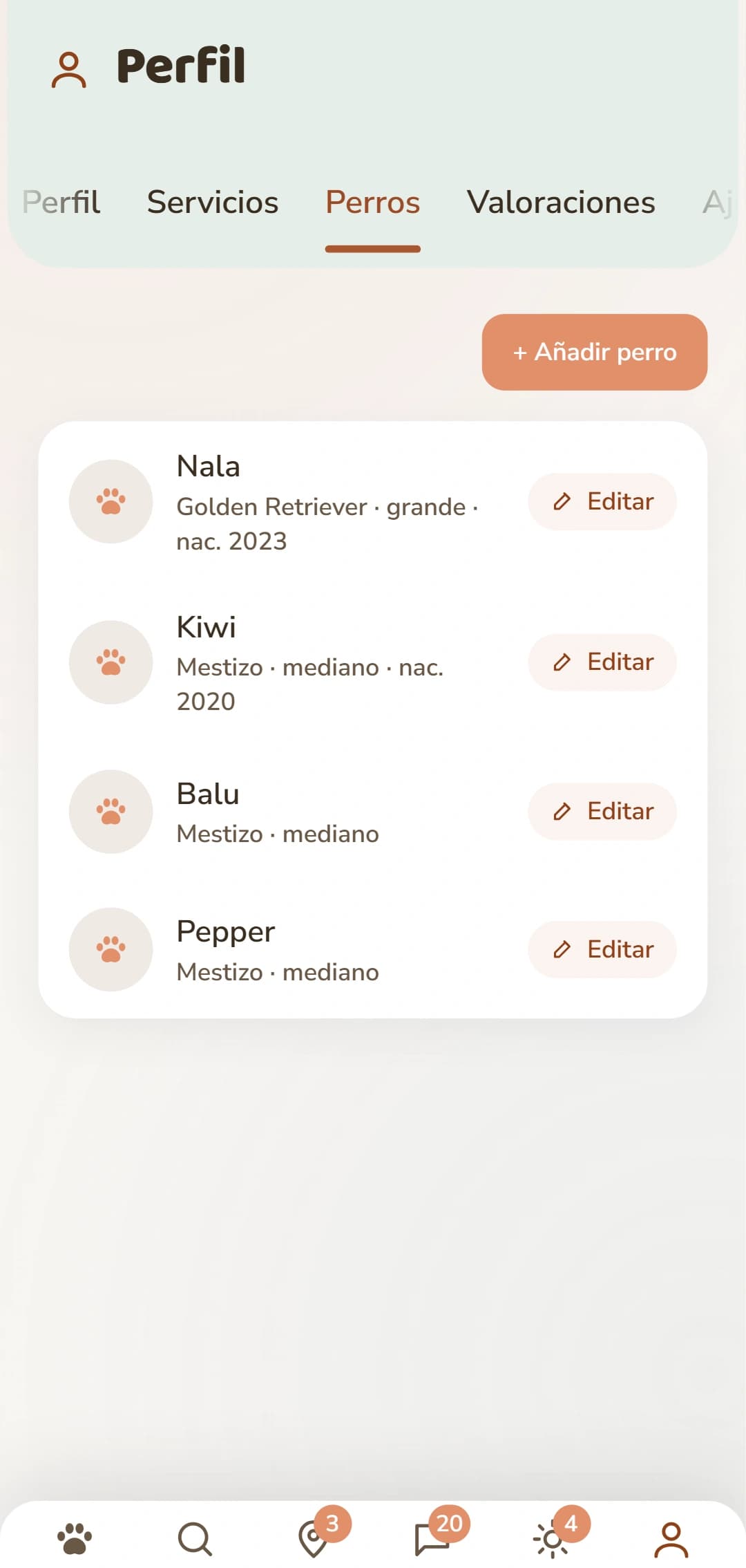 La sección de perros, con un perfil propio para cada perro
