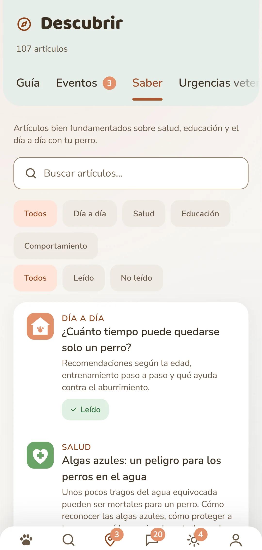 Captura de pantalla de la app DOGSY en la pestaña «Descubrir»: arriba del todo, el número de artículos; debajo, las cuatro pestañas Guía, Eventos, Saber y Urgencias veterinarias. Siguen un campo de búsqueda y filtros redondeados para las categorías – Todos, Vida diaria, Salud, Comportamiento, Educación. Debajo, los artículos como tarjetas: a la izquierda un símbolo de color de la categoría y, al lado, la categoría en mayúsculas, el título y una entradilla corta. Abajo del todo, la barra de navegación de la app. La captura aparece en el idioma de esta página.